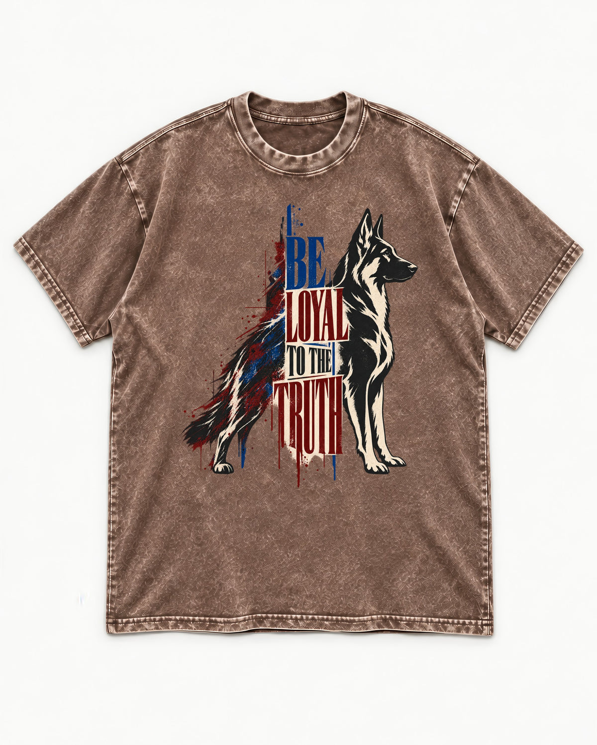 Loyal to the Truth German Shepherd Dog Washed Tee in Coffee, flat lay product photo