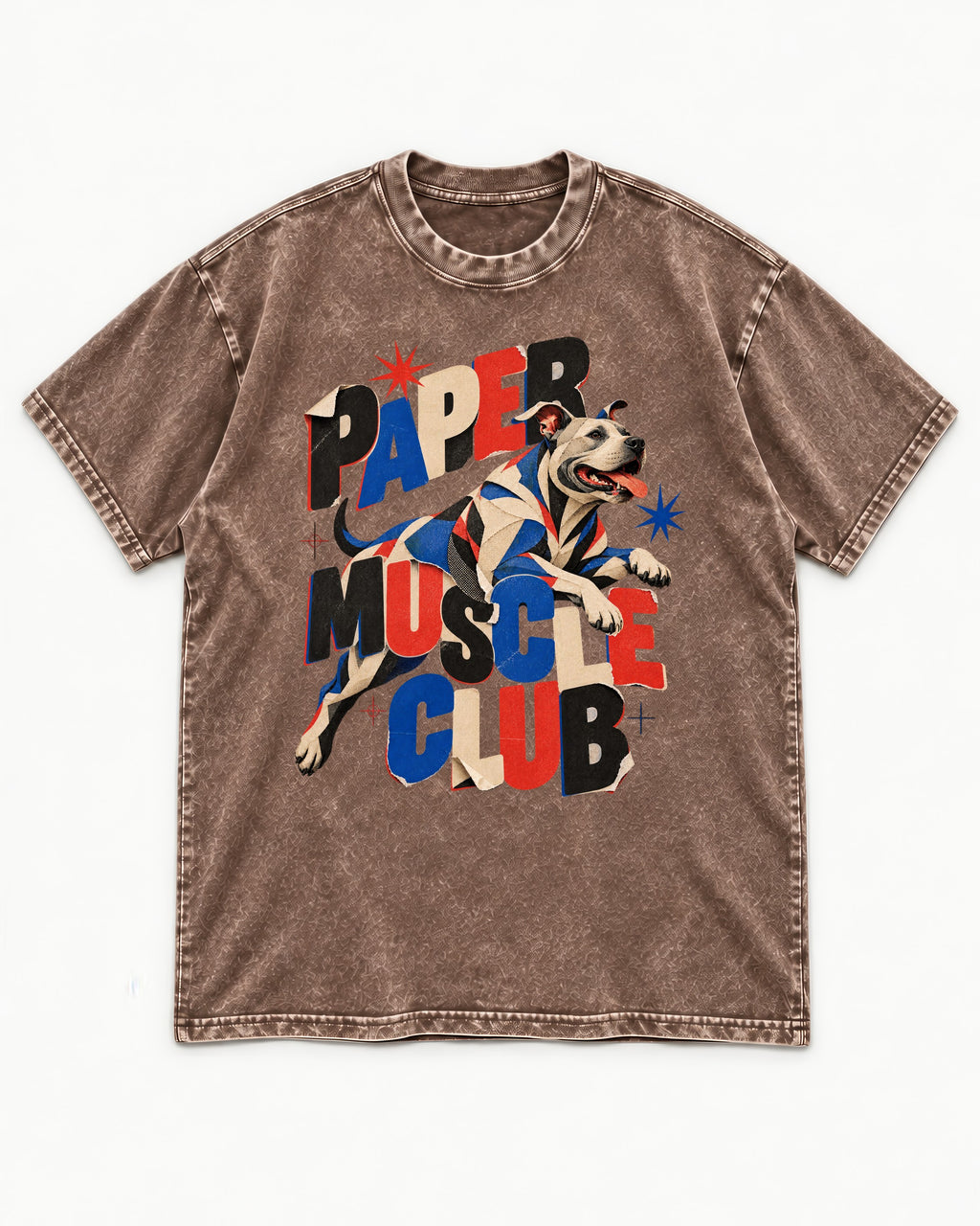 Pitbull Paper Muscle Club Collage Graphic Washed Tee in Coffee, flat lay product photo