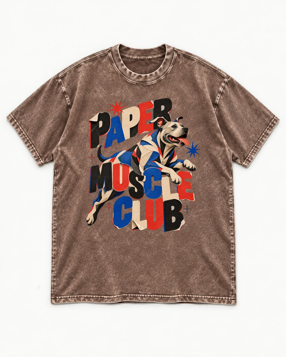 Pitbull Paper Muscle Club Collage Graphic Washed Tee in Coffee, flat lay product photo