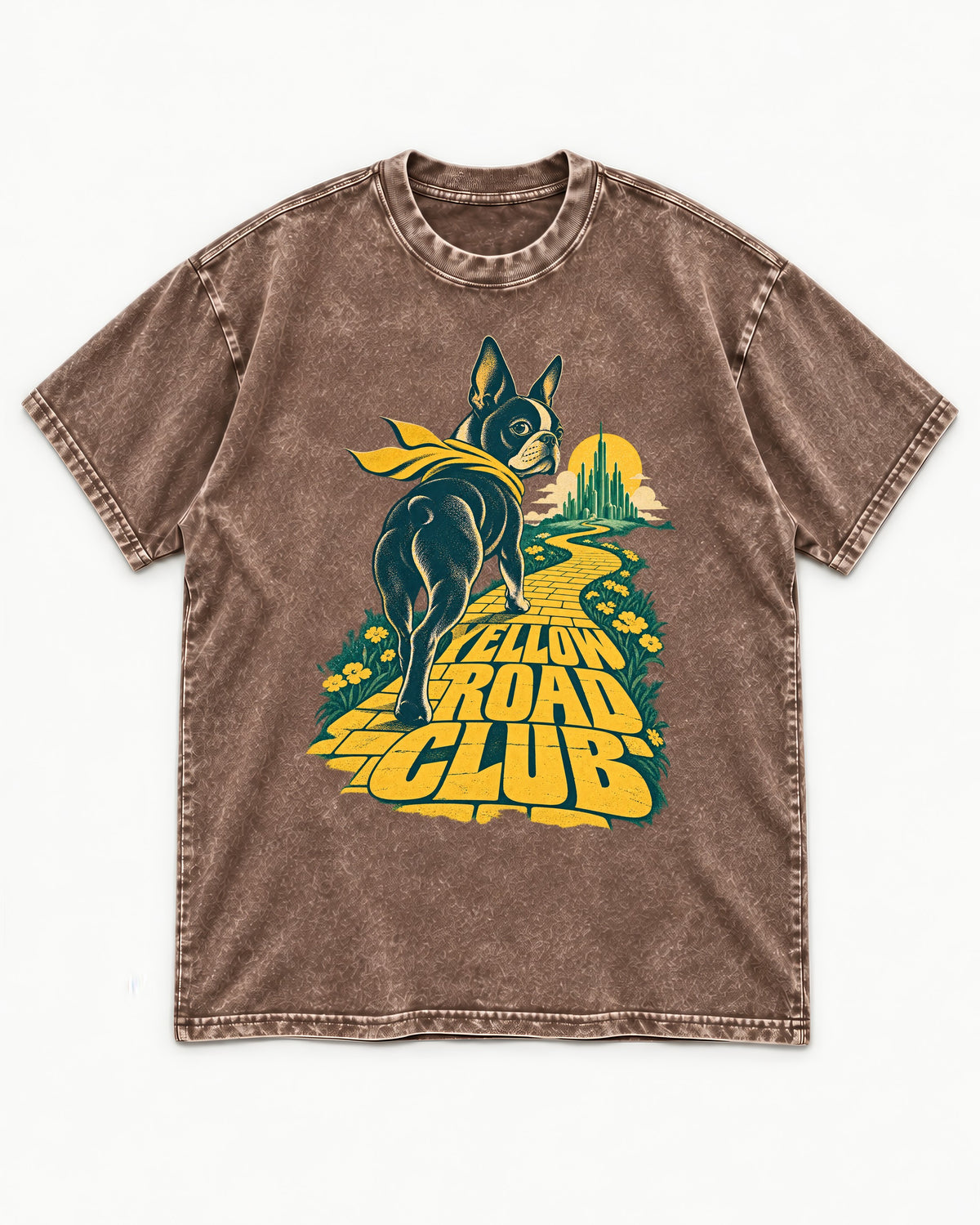 Boston Terrier Yellow Road Club Washed Tee in Coffee, flat lay product photo