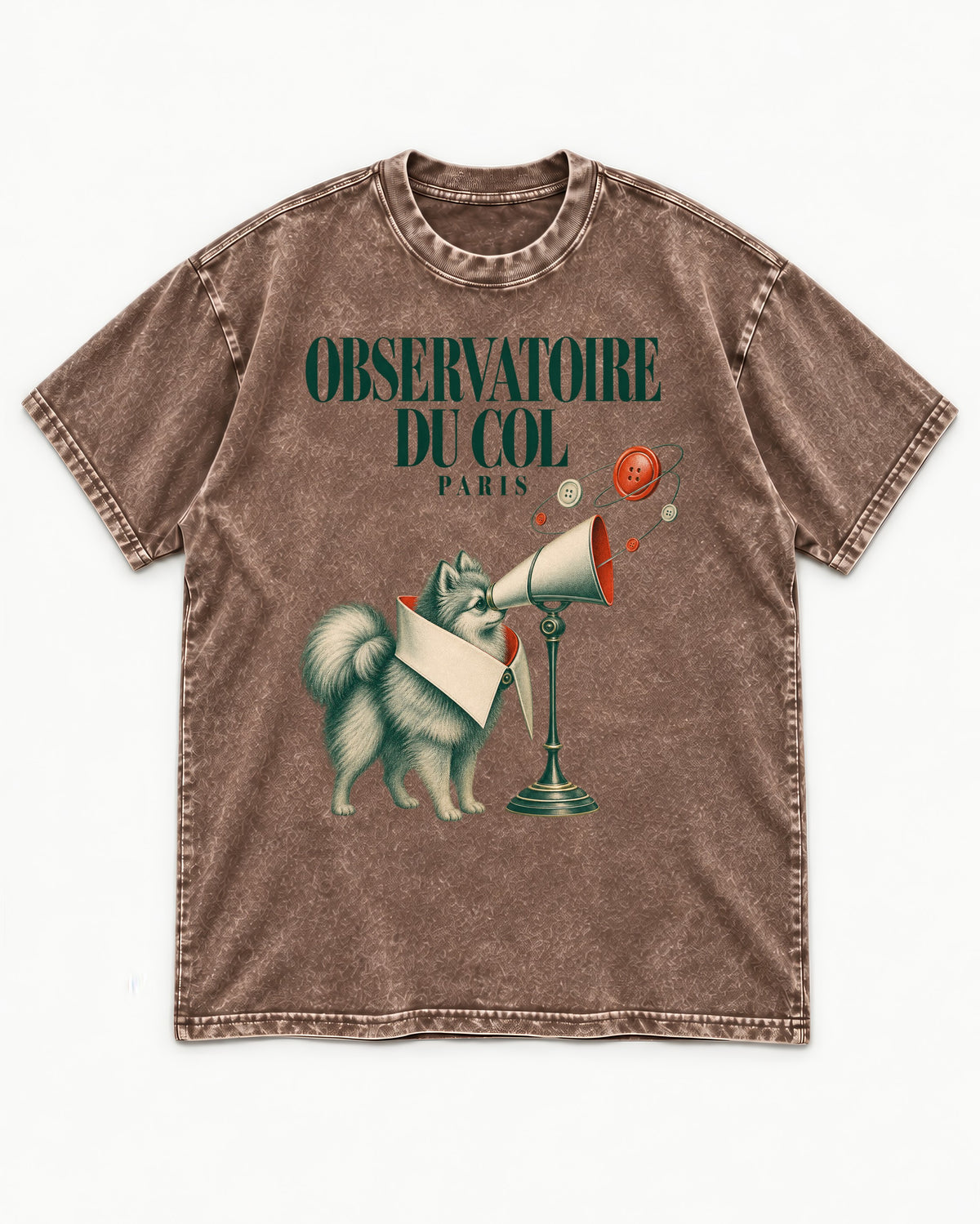 Pomeranian Observatoire Du Col Washed Tee in Coffee, flat lay product photo