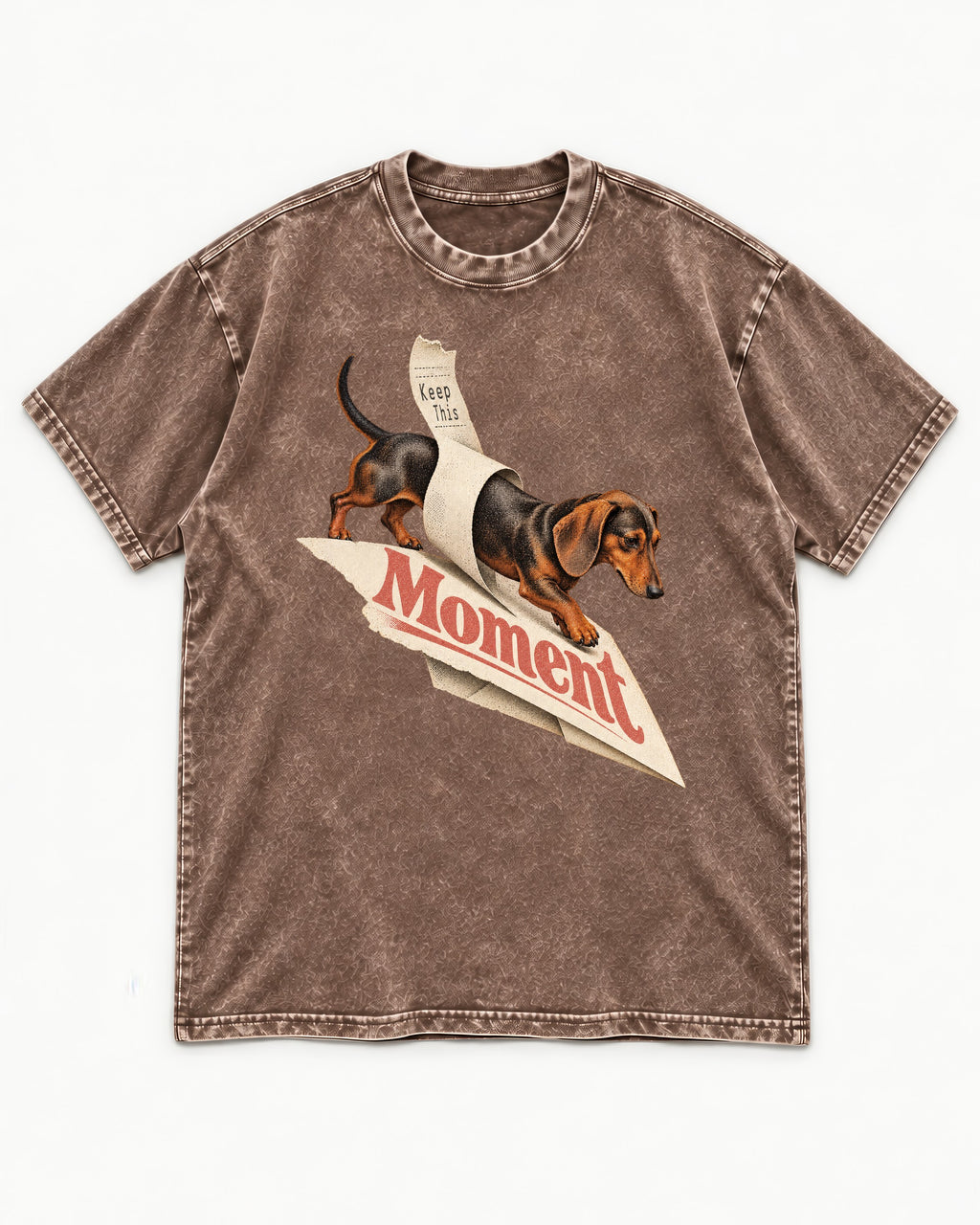 Dachshund Keep This Moment Receipt Graphic Washed Tee in Coffee, flat lay product photo
