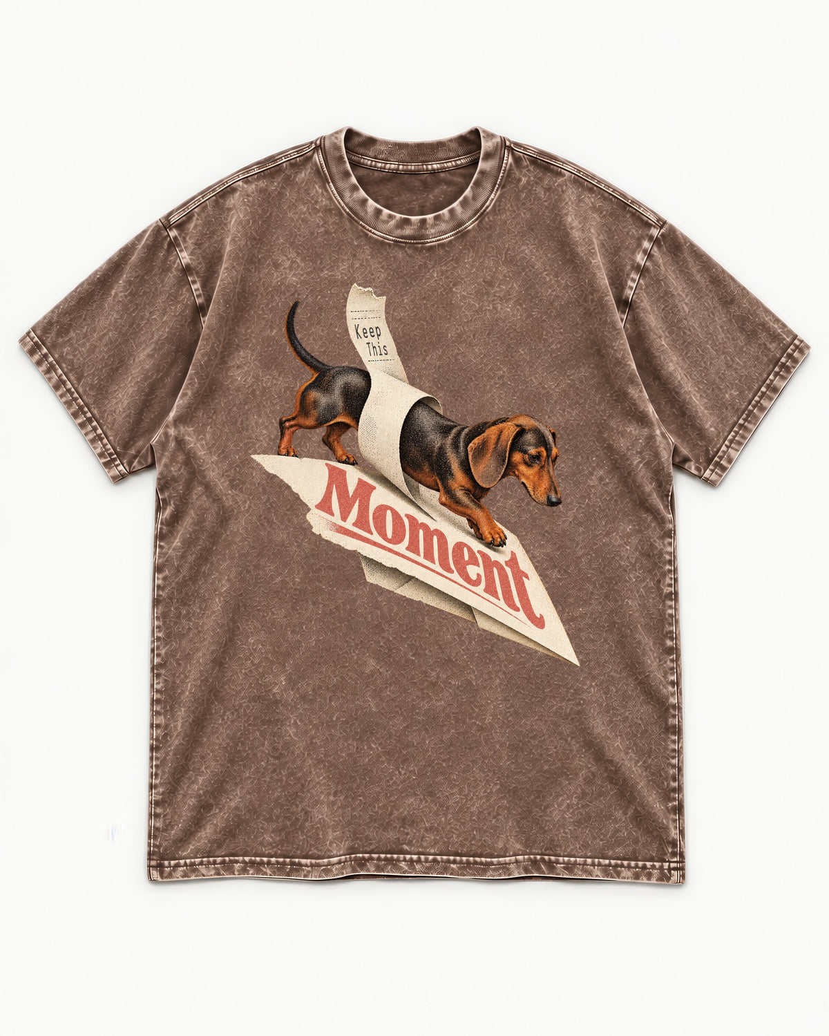 Dachshund Keep This Moment Receipt Graphic Washed Tee in Coffee, flat lay product photo