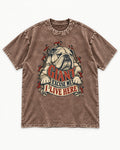 English Bulldog I Live Here Washed Tee in Coffee, flat lay product photo