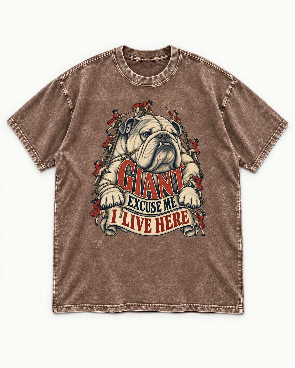 English Bulldog I Live Here Washed Tee in Coffee, flat lay product photo