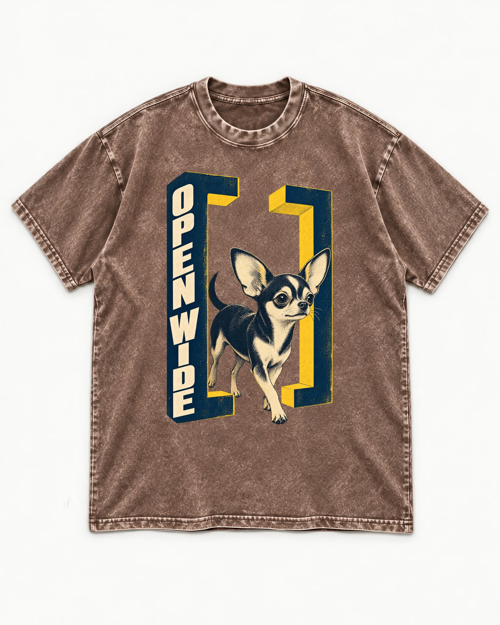 Open Wide Chihuahua Washed Tee in Coffee, flat lay product photo