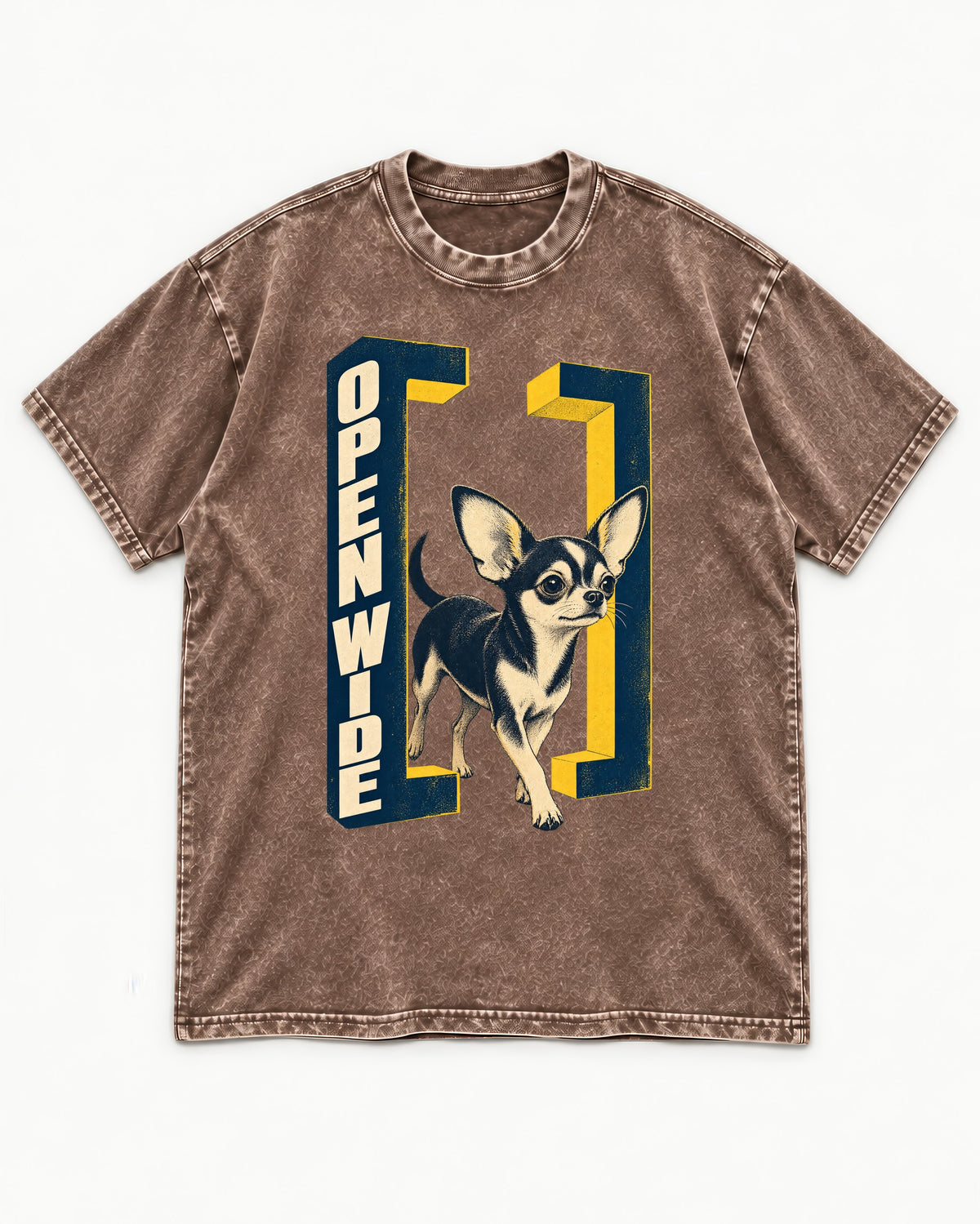 Open Wide Chihuahua Washed Tee in Coffee, flat lay product photo