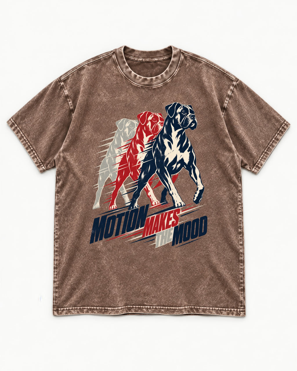 Boxer Motion Makes the Mood Washed Tee in Coffee, flat lay product photo