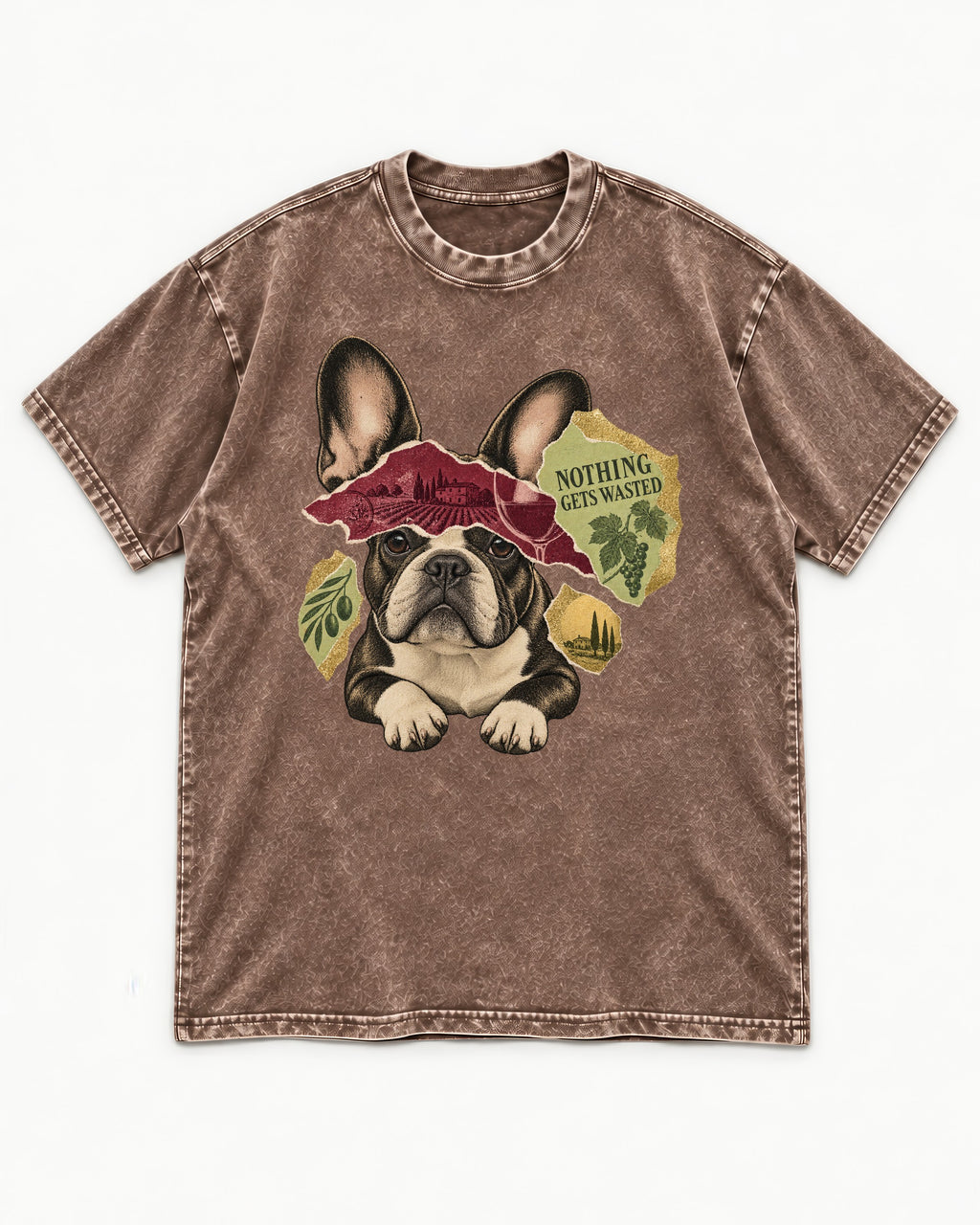 Nothing Gets Wasted with Frenchie Washed Tee in Coffee, flat lay product photo