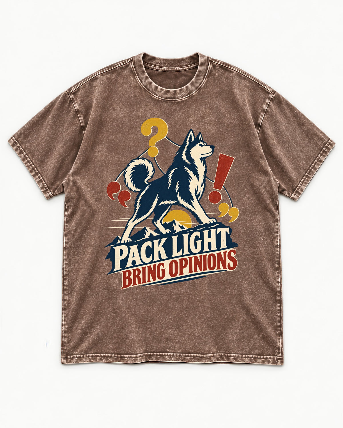 Husky Pack Light Bring Opinions Washed Tee in Coffee, flat lay product photo