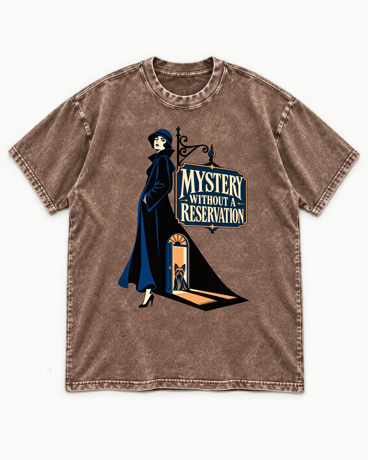 Mystery Without a Reservation Yorkshire Terrier Washed Tee in Coffee, flat lay product photo