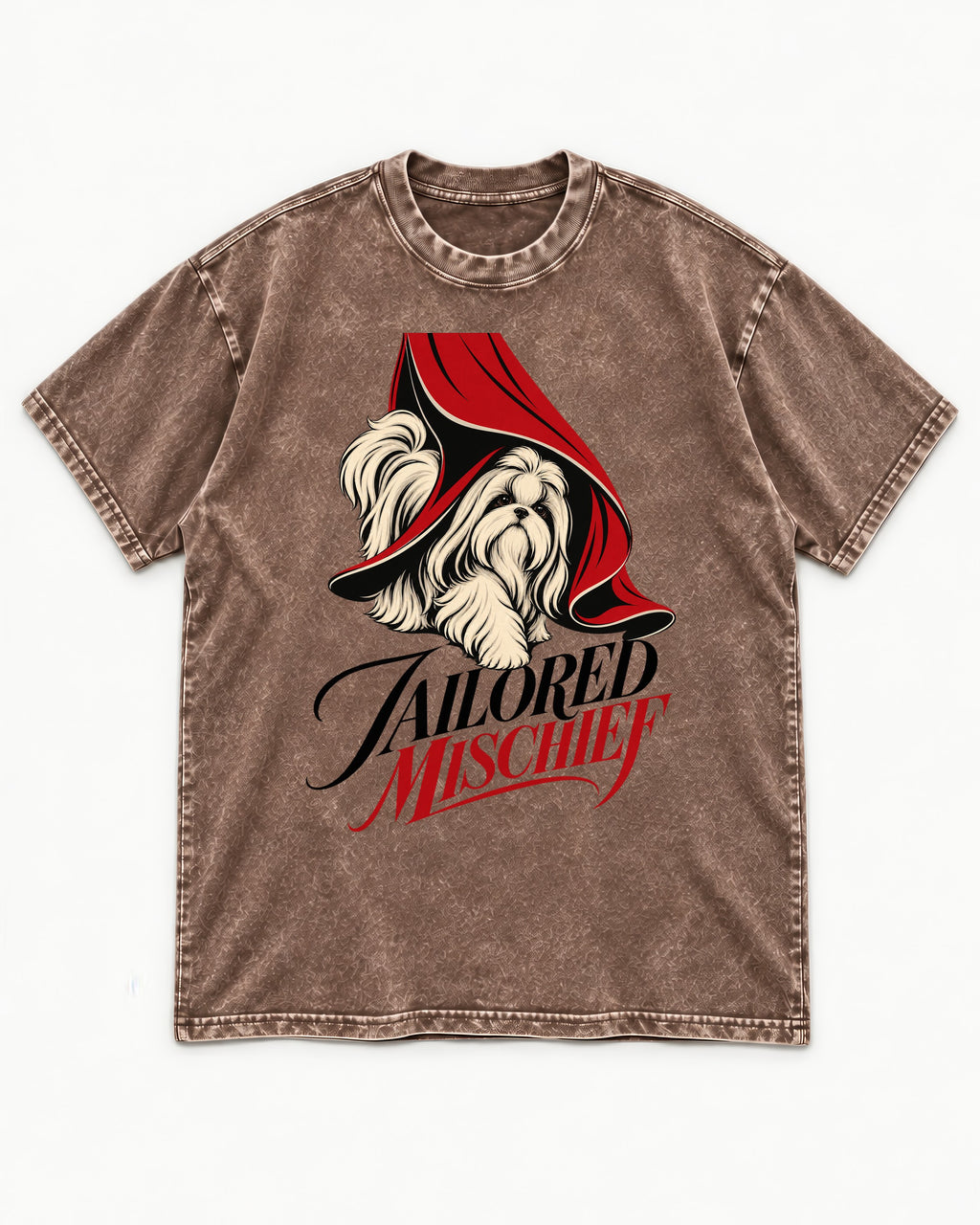 Tailored Mischief Shih Tzu Washed Tee in Coffee, flat lay product photo