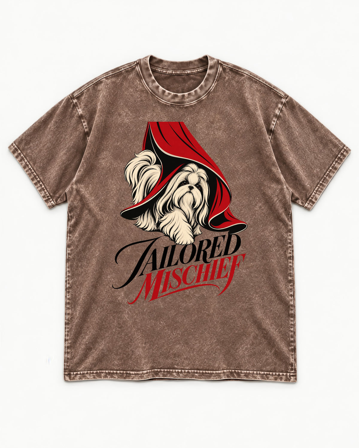 Tailored Mischief Shih Tzu Washed Tee in Coffee, flat lay product photo