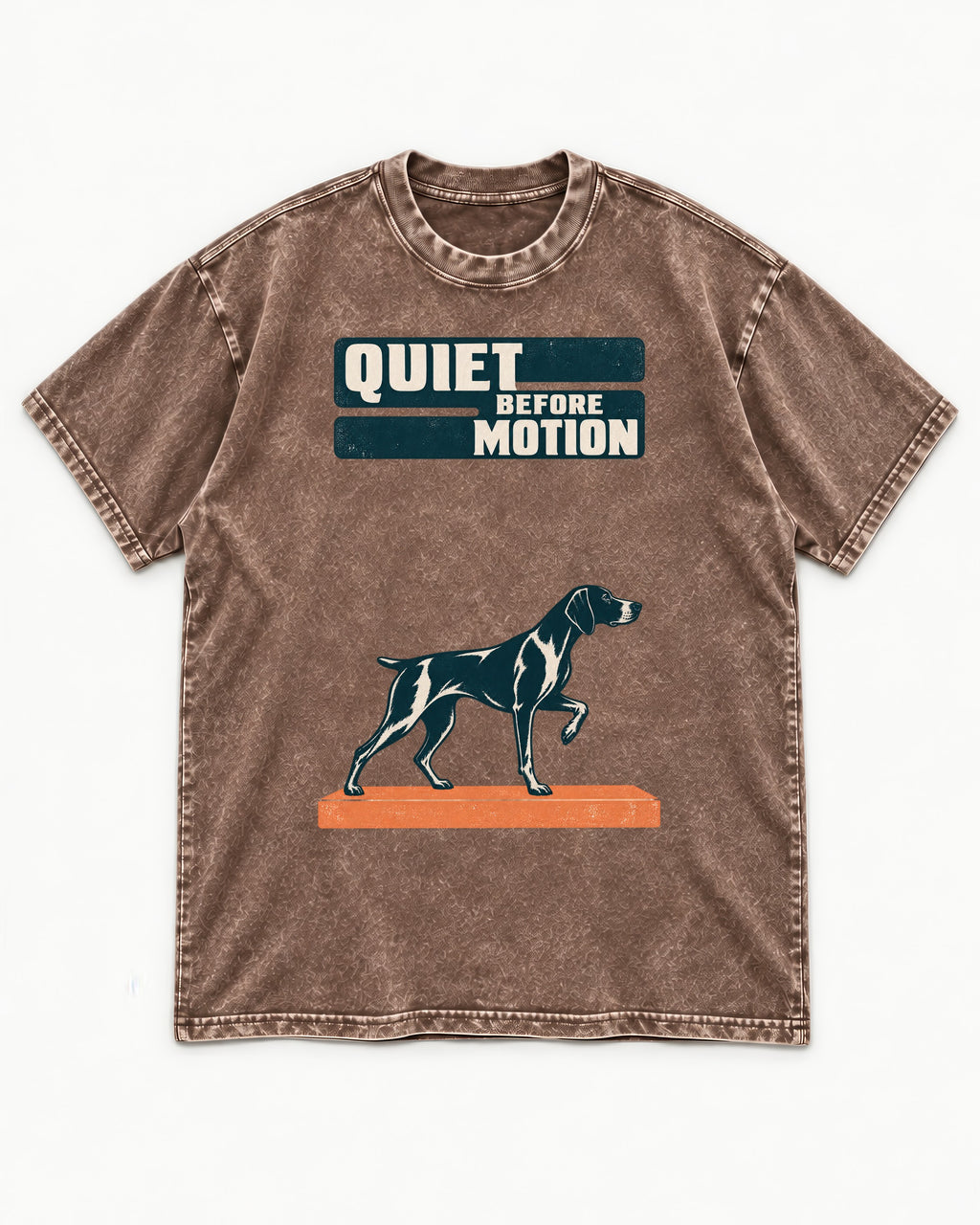 Quiet Before Motion German Shorthaired Pointer Washed Tee in Coffee, flat lay product photo