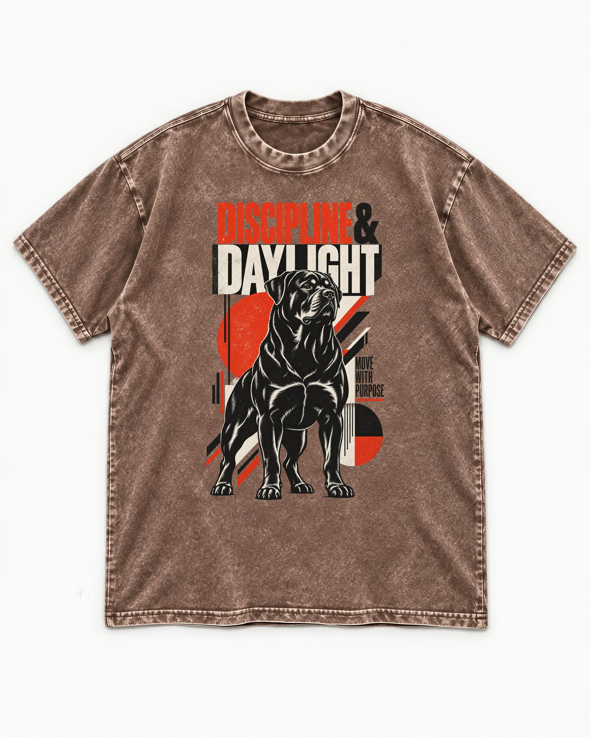 Discipline and Daylight Rottweiler Move With Purpose Washed Tee in Coffee, flat lay product photo