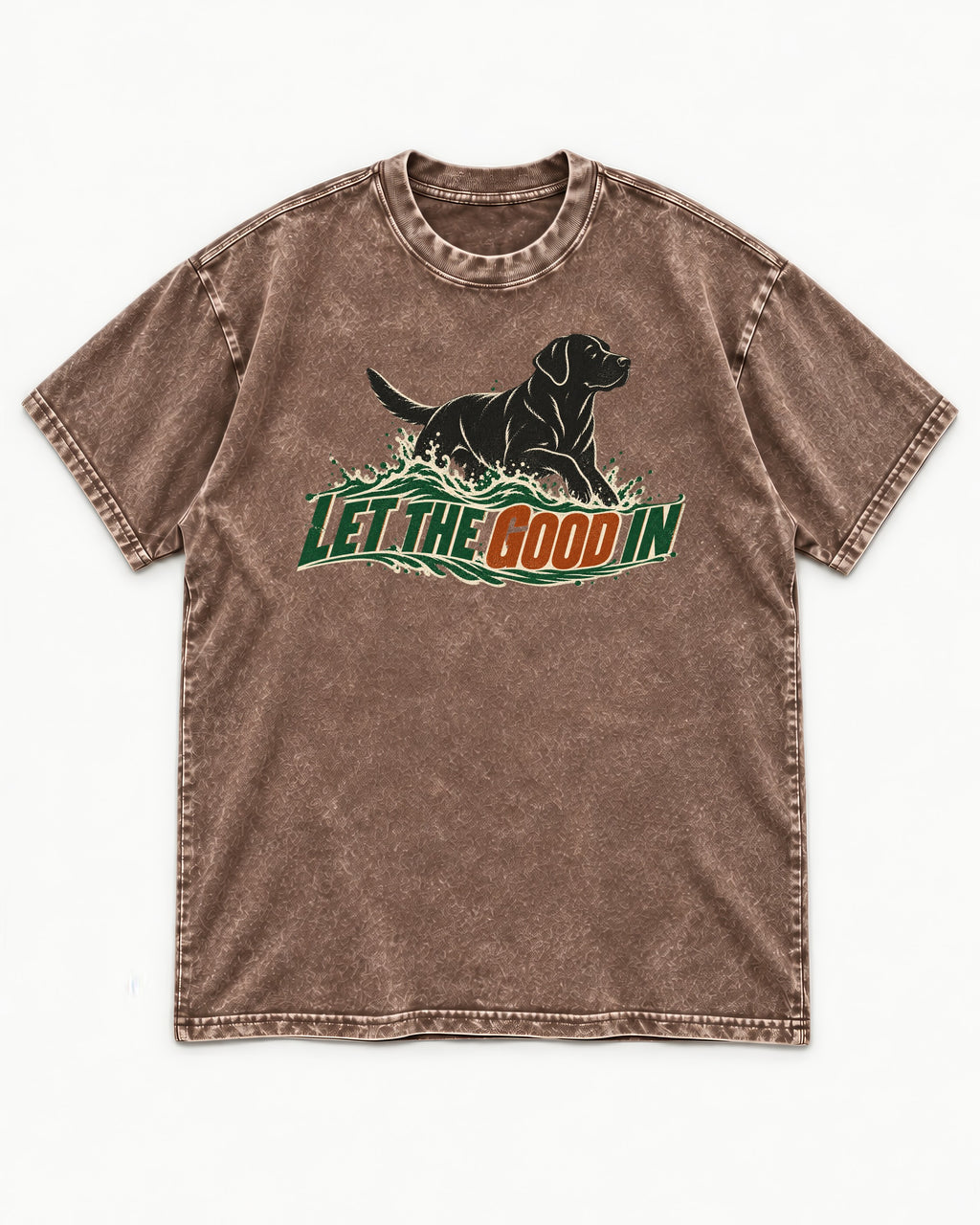 Labrador Retriever Let the Good In Washed Tee in Coffee, flat lay product photo