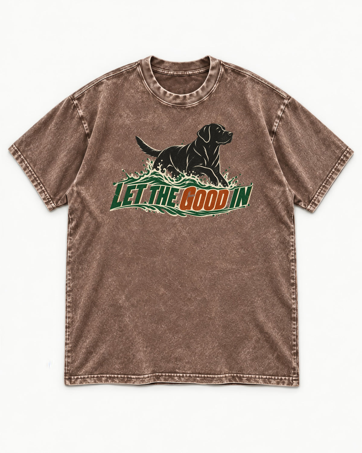 Labrador Retriever Let the Good In Washed Tee in Coffee, flat lay product photo