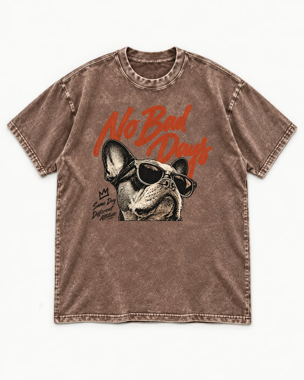 Frenchie No Bad Days Washed Tee in Coffee, flat lay product photo