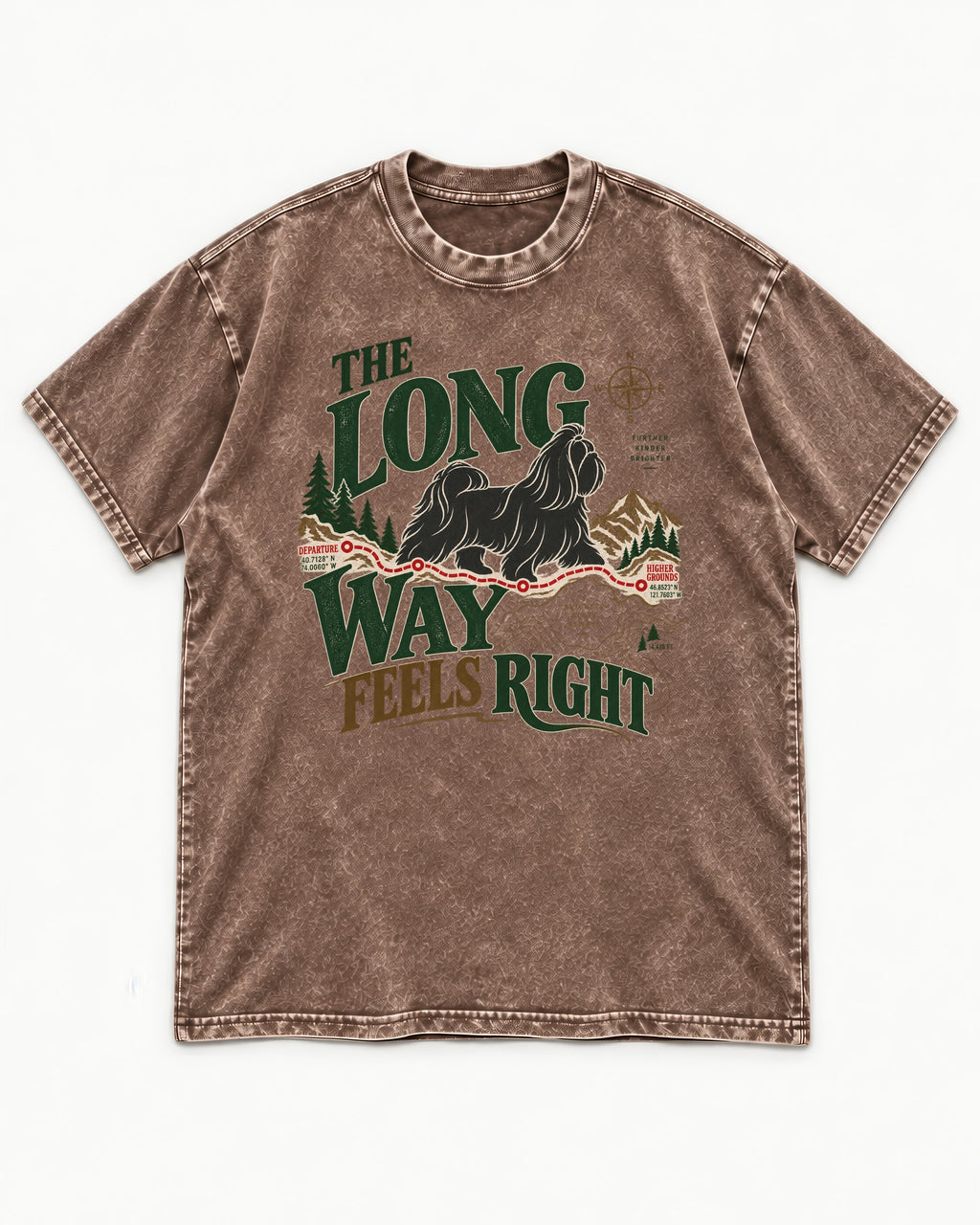 Shih Tzu Takes the Long Way Washed Tee in Coffee, flat lay product photo