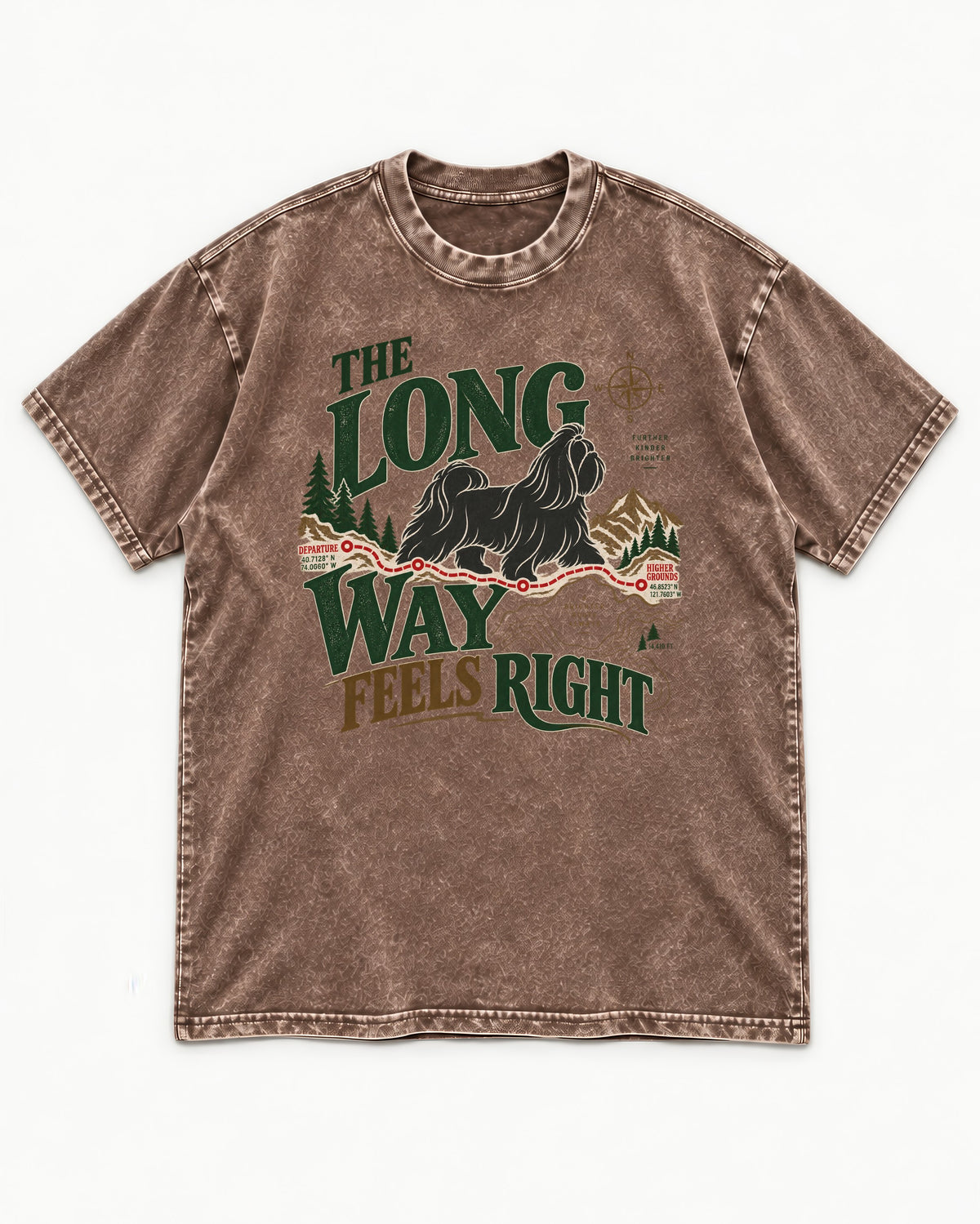 Shih Tzu Takes the Long Way Washed Tee in Coffee, flat lay product photo