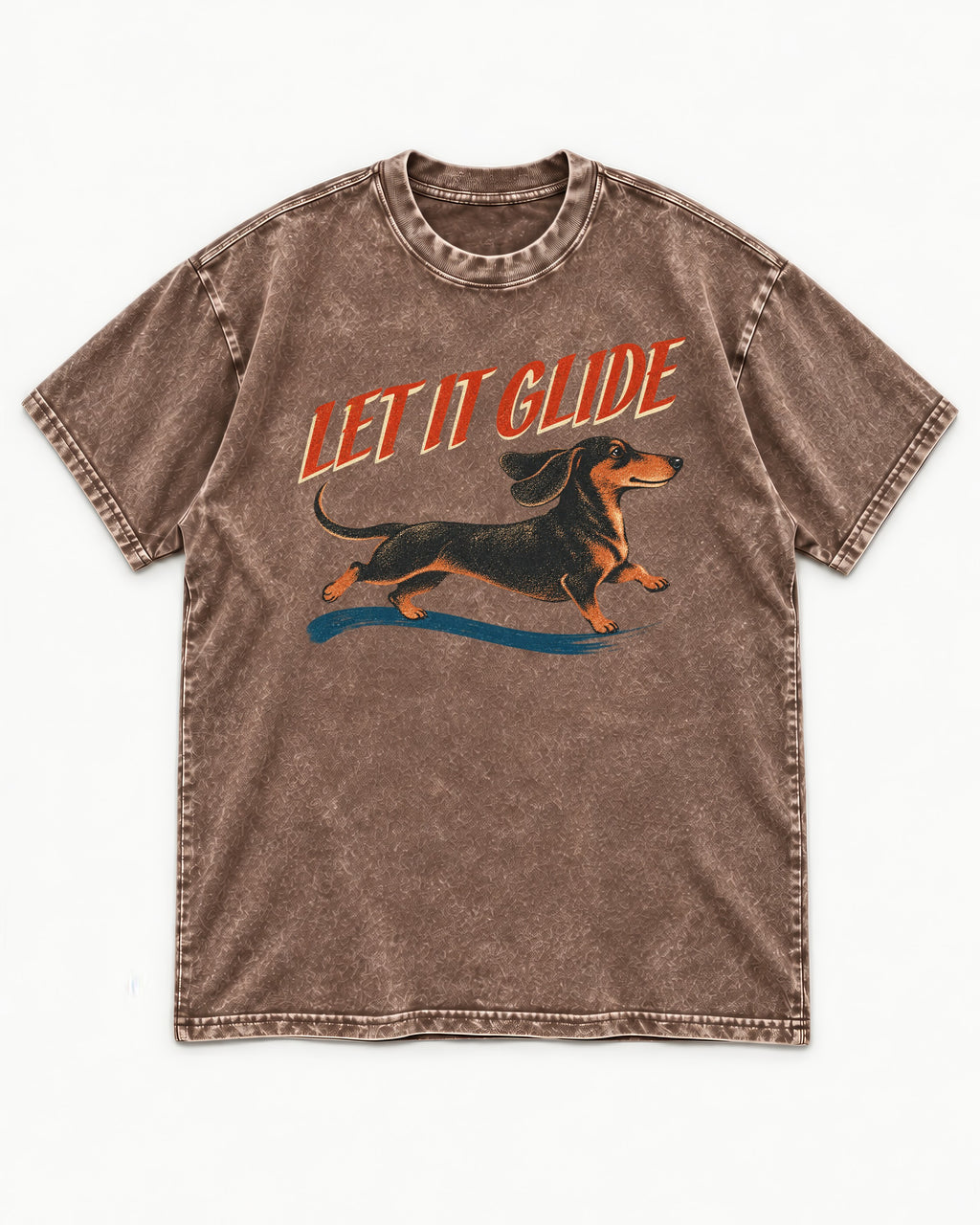 Let It Glide Dachshund Washed Tee in Coffee, flat lay product photo