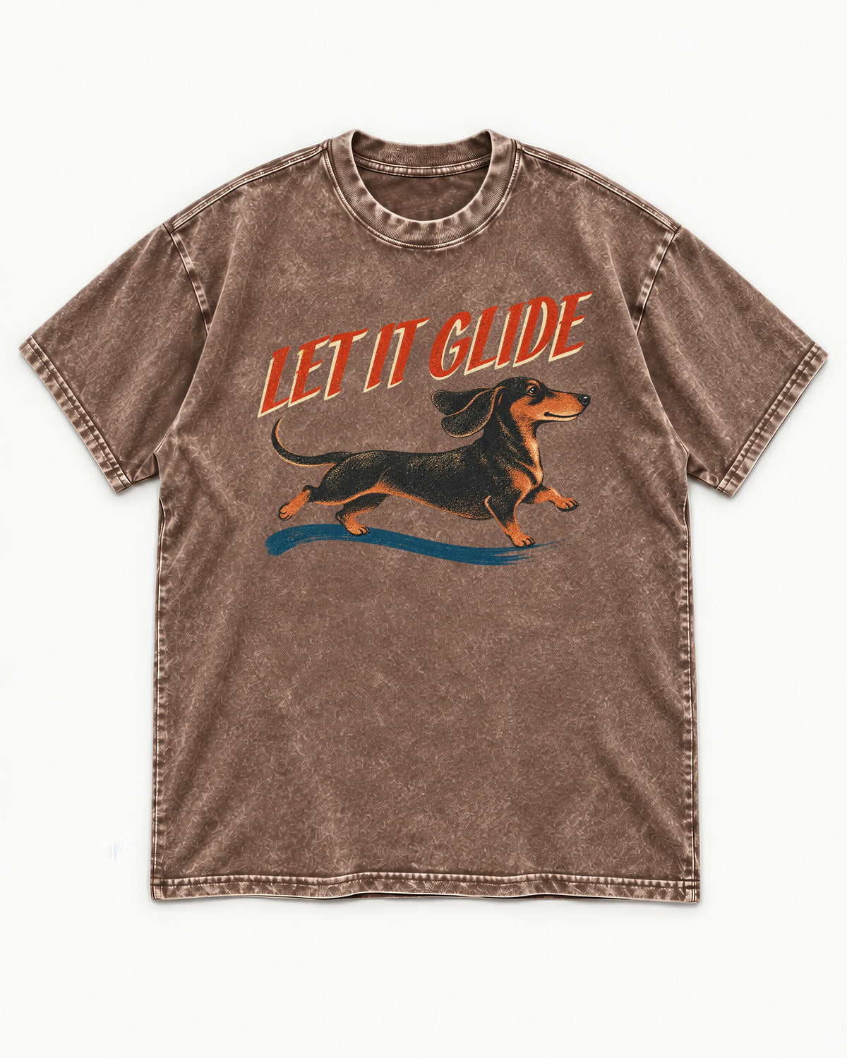 Let It Glide Dachshund Washed Tee in Coffee, flat lay product photo