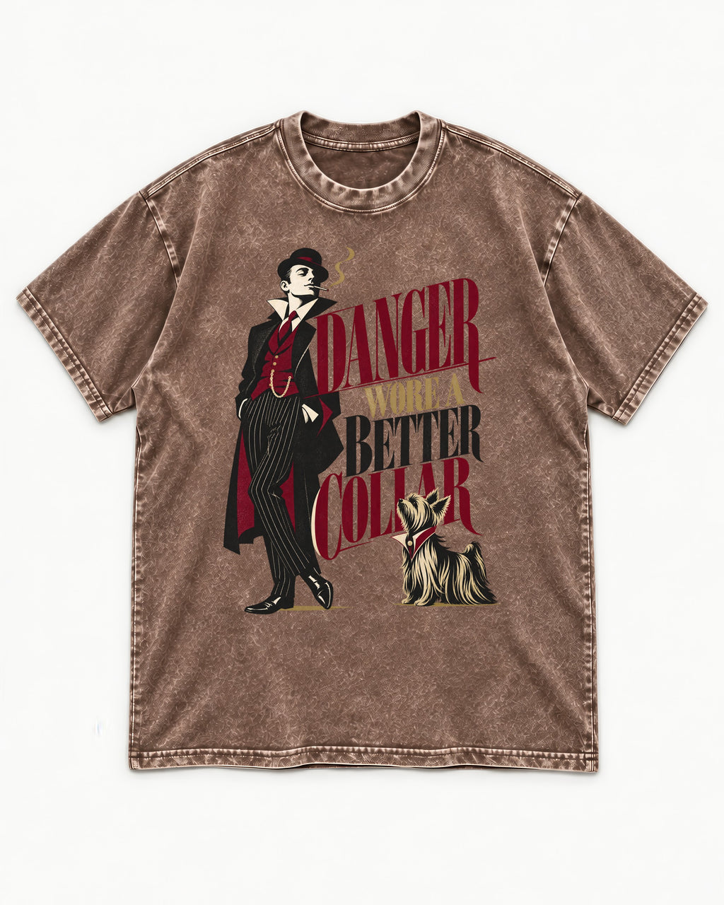 Yorkshire Terrier Danger Wore a Better Collar Art Deco Graphic Washed Tee in Coffee, flat lay product photo