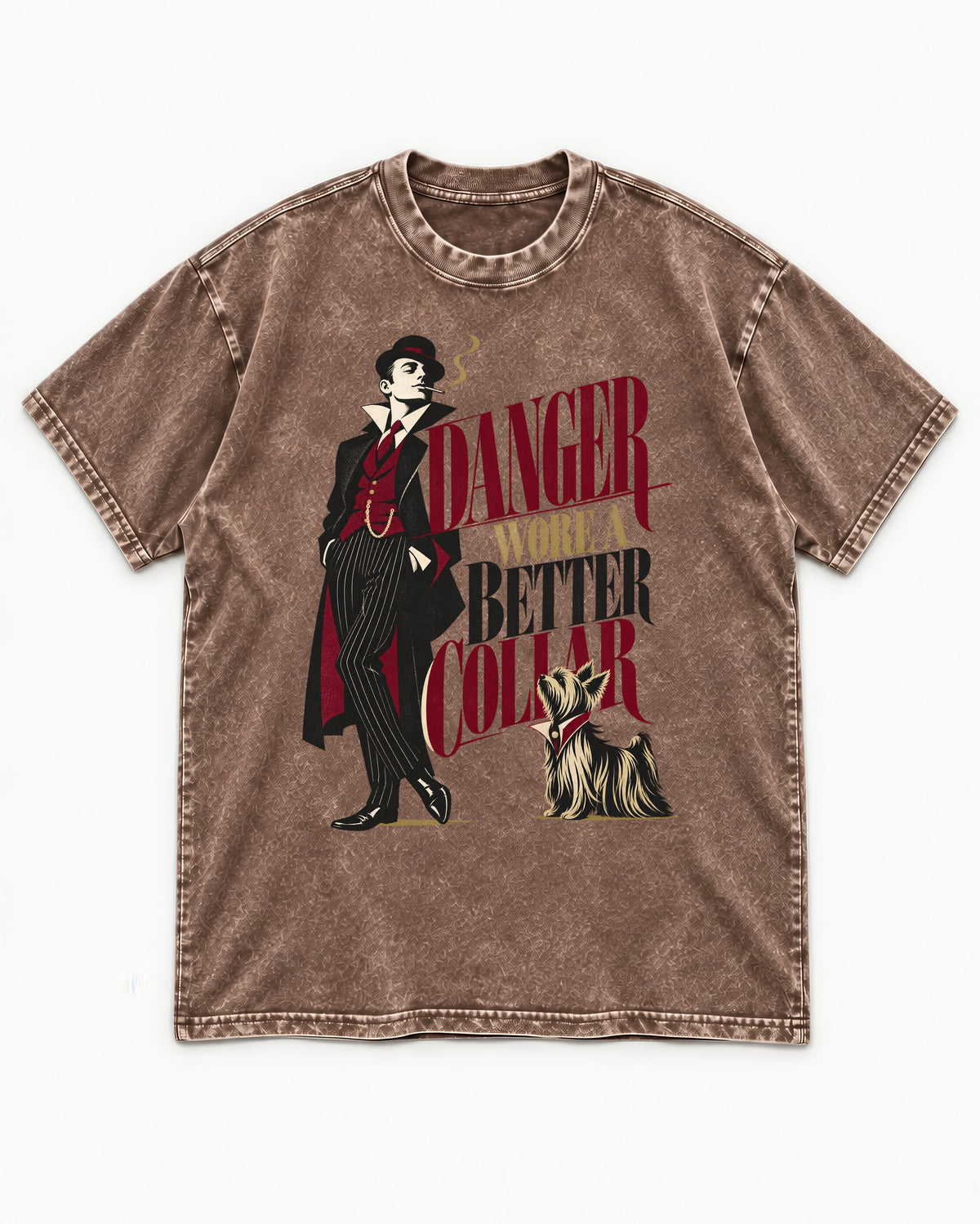 Yorkshire Terrier Danger Wore a Better Collar Art Deco Graphic Washed Tee in Coffee, flat lay product photo