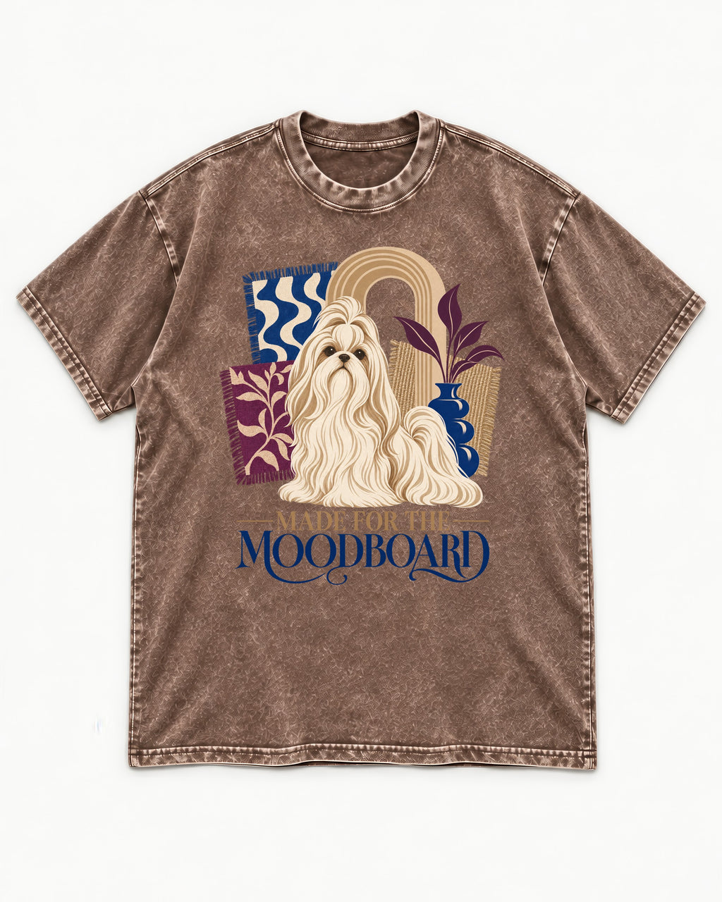 Shih Tzu Made for the Moodboard Boho Interior Graphic Washed Tee in Coffee, flat lay product photo