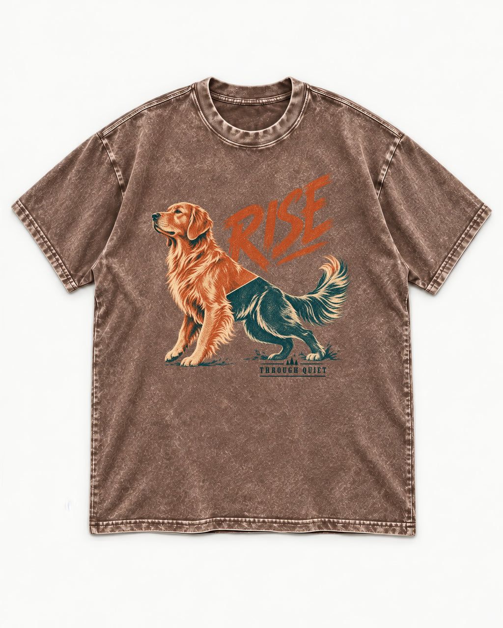 Golden Retriever Rise Through Quiet Washed Tee in Coffee, flat lay product photo