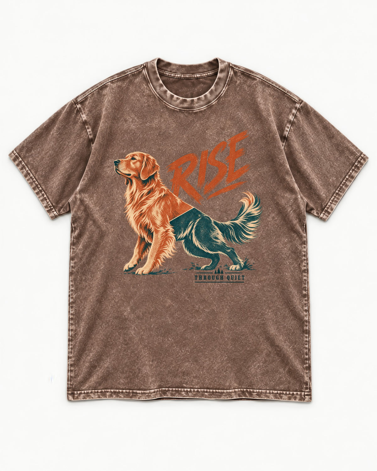 Golden Retriever Rise Through Quiet Washed Tee in Coffee, flat lay product photo