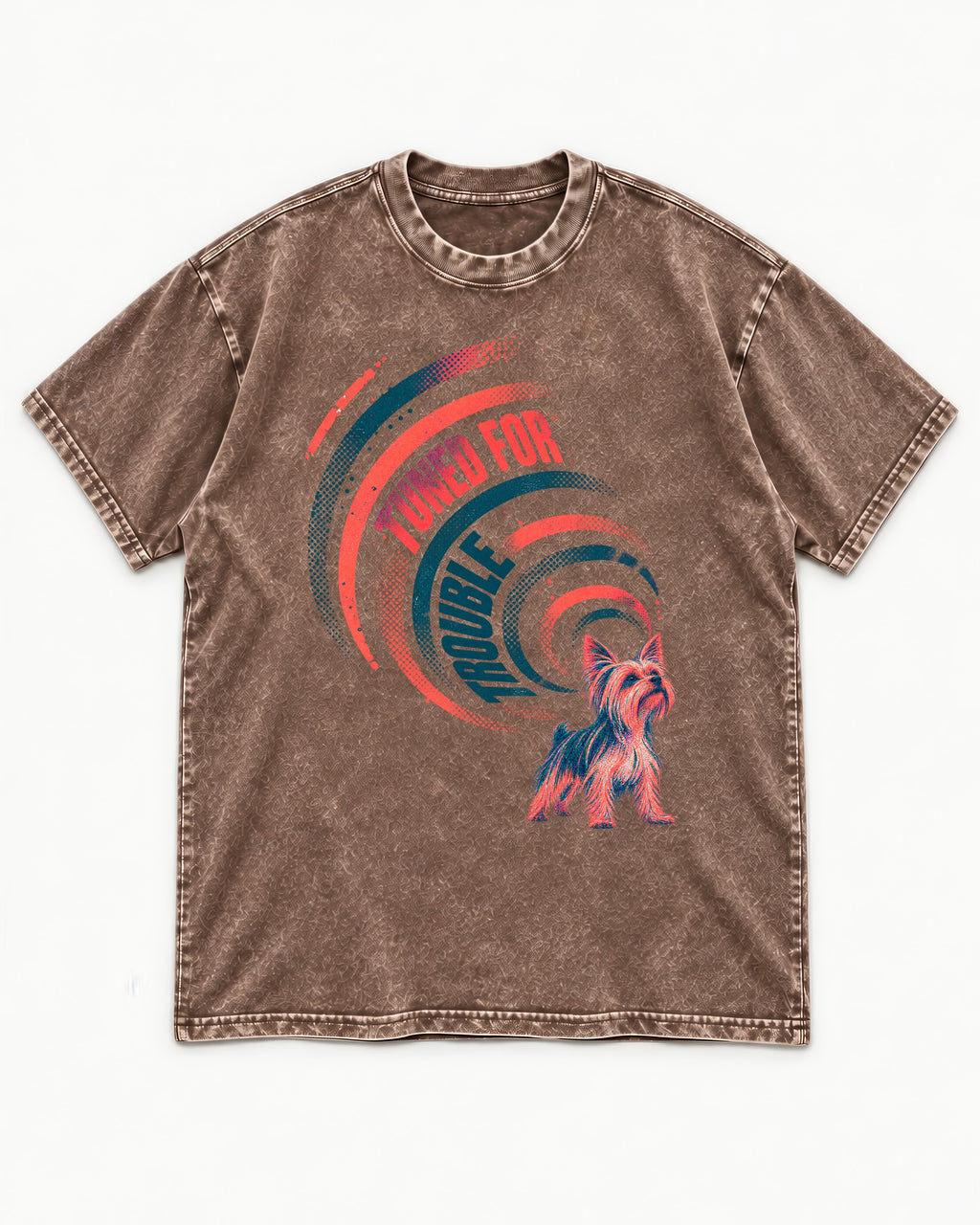 Yorkshire Terrier Tuned for Trouble Washed Tee in Coffee, flat lay product photo