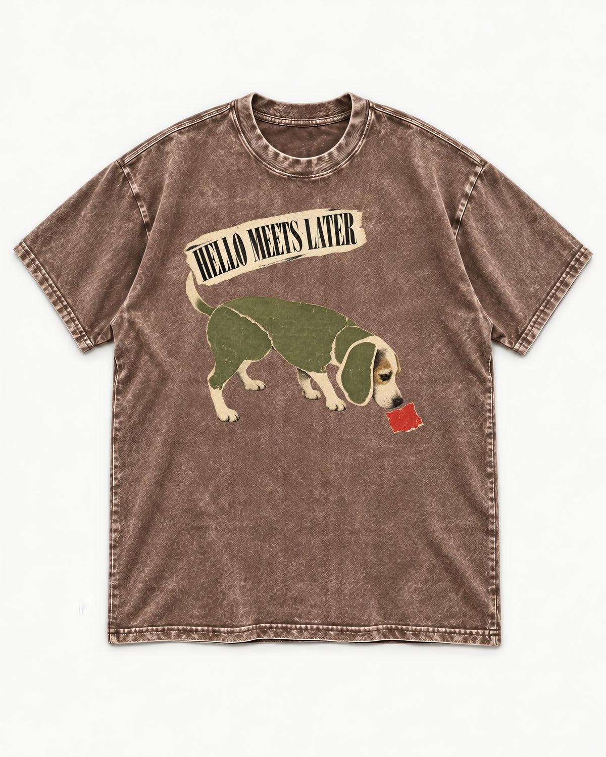 Twenty Minutes Later Beagle Washed Tee in Coffee, flat lay product photo