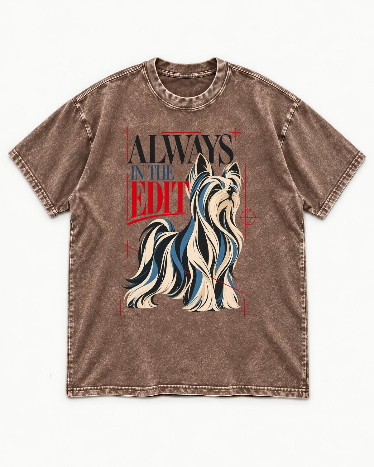 Always in the Edit Yorkshire Terrier Washed Tee in Coffee, flat lay product photo