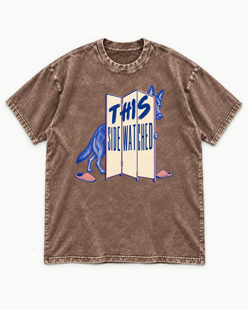 This Side Watched by German Shepherd Dog Washed Tee in Coffee, flat lay product photo