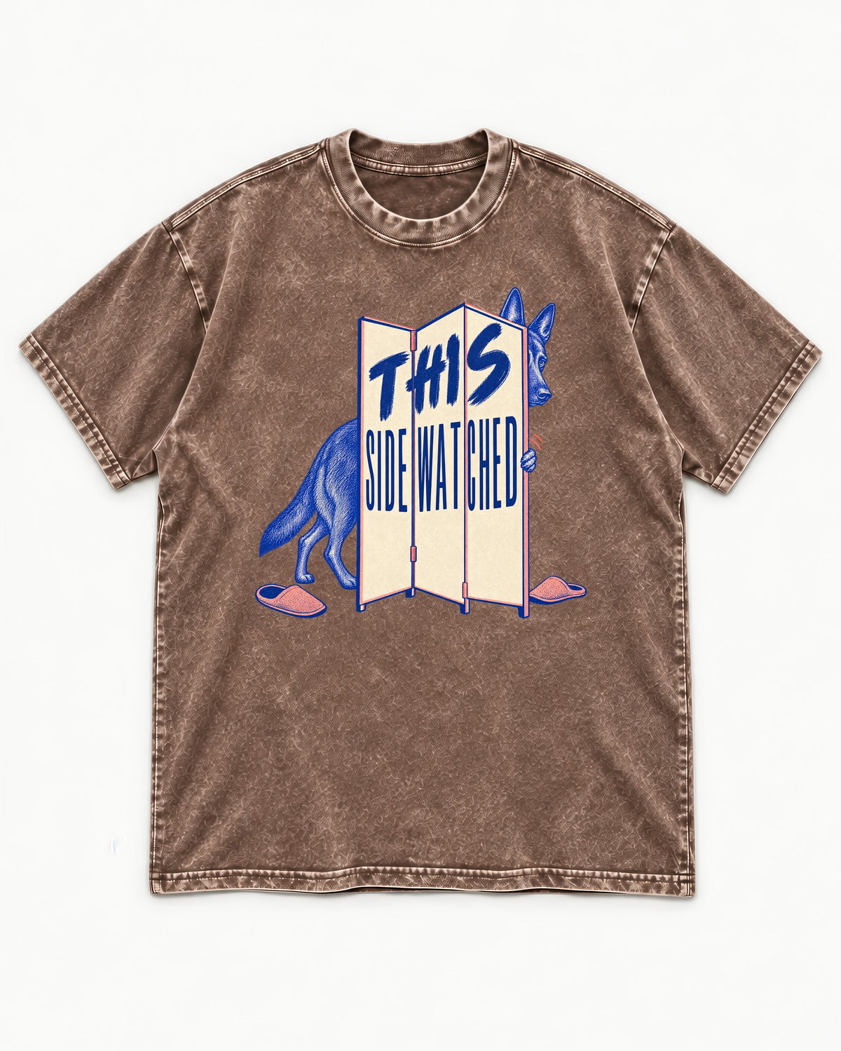 This Side Watched by German Shepherd Dog Washed Tee in Coffee, flat lay product photo