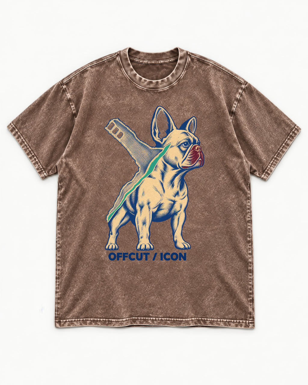 Offcut Frenchie Icon Washed Tee in Coffee, flat lay product photo