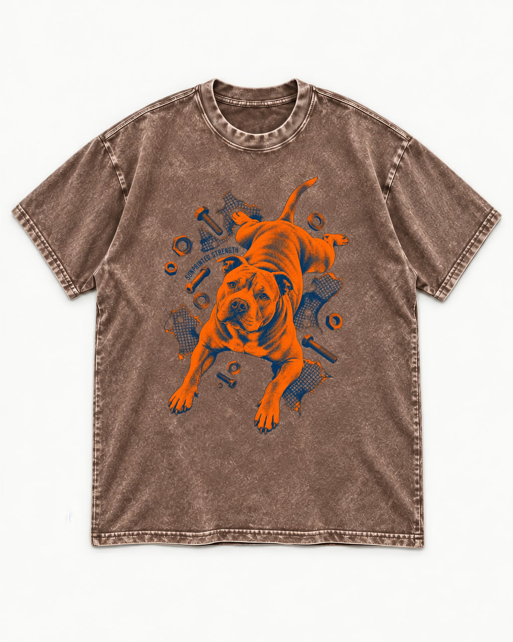 Pitbull Strength Washed Tee in Coffee, flat lay product photo