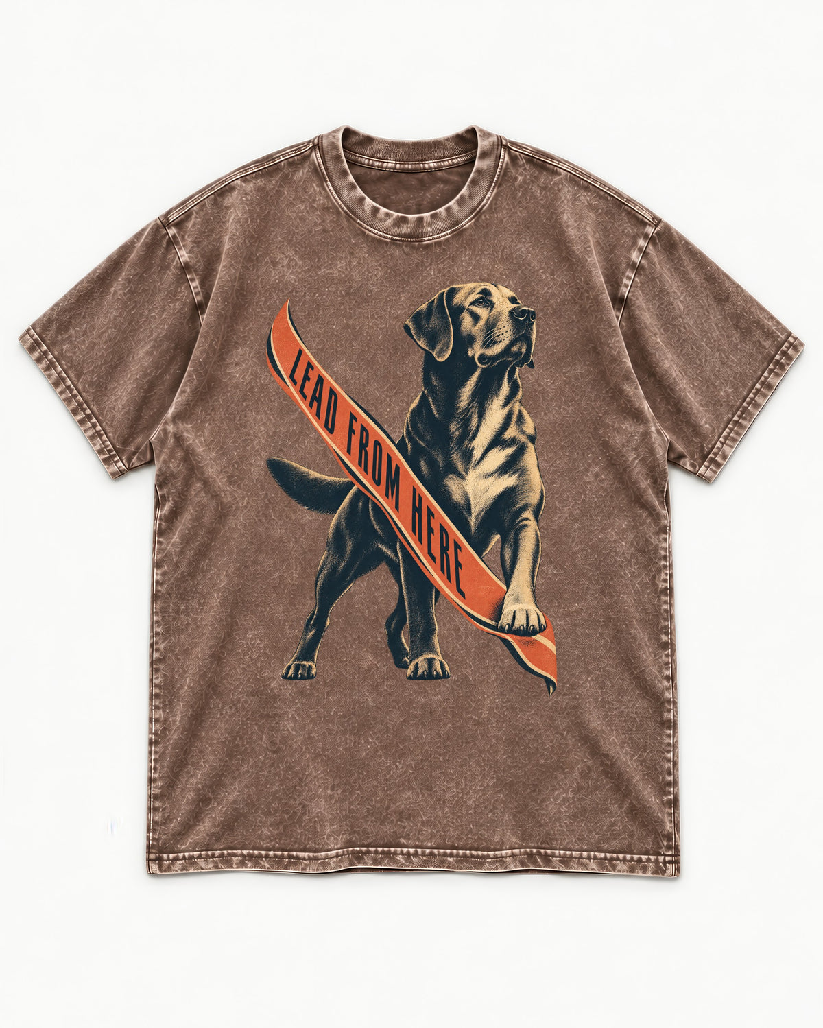 Lead From Here Labrador Retriever Washed Tee in Coffee, flat lay product photo