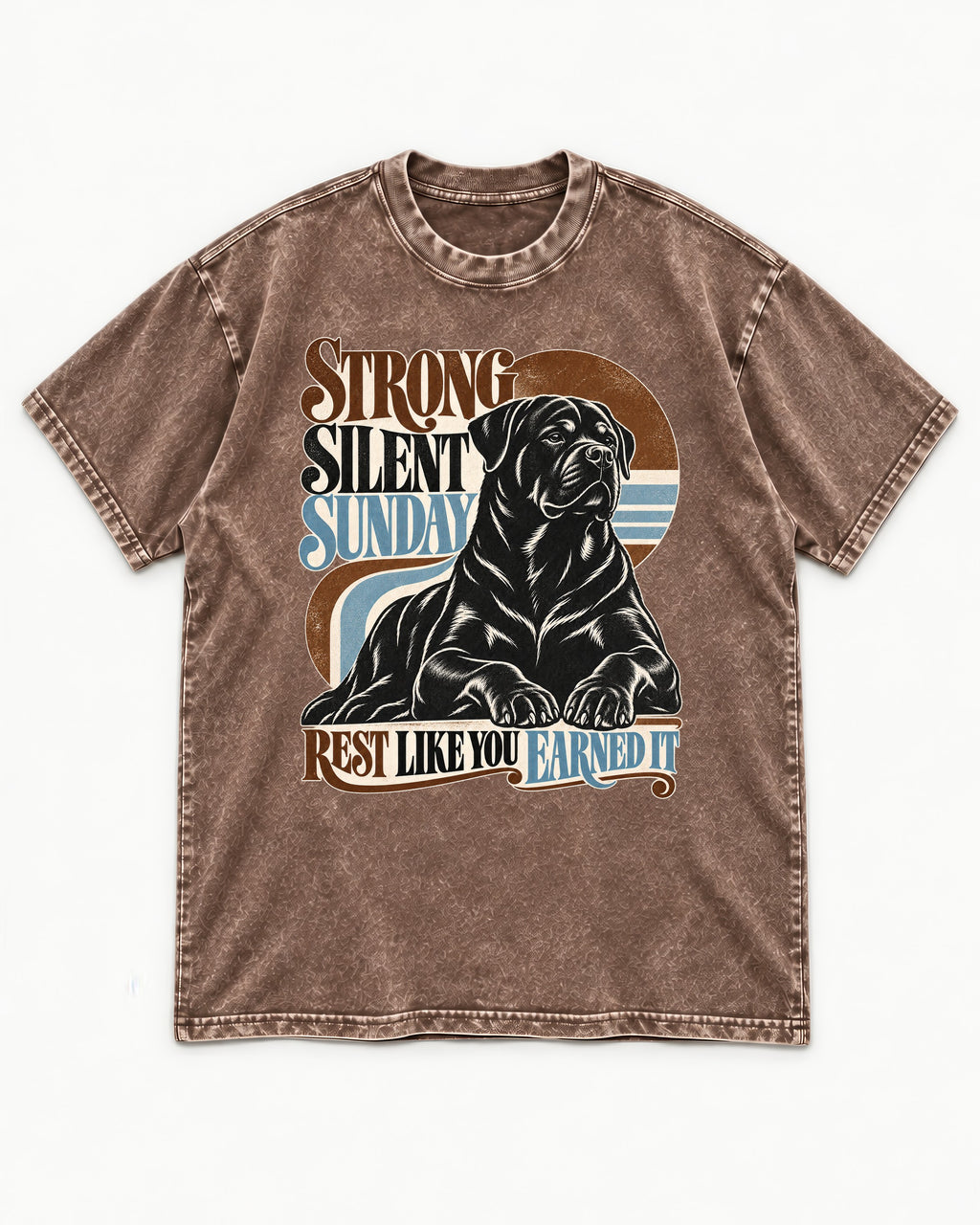 Strong Silent Sunday Rottweiler Washed Tee in Coffee, flat lay product photo