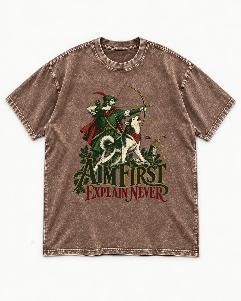 Husky Aim First Explain Never Washed Tee in Coffee, flat lay product photo