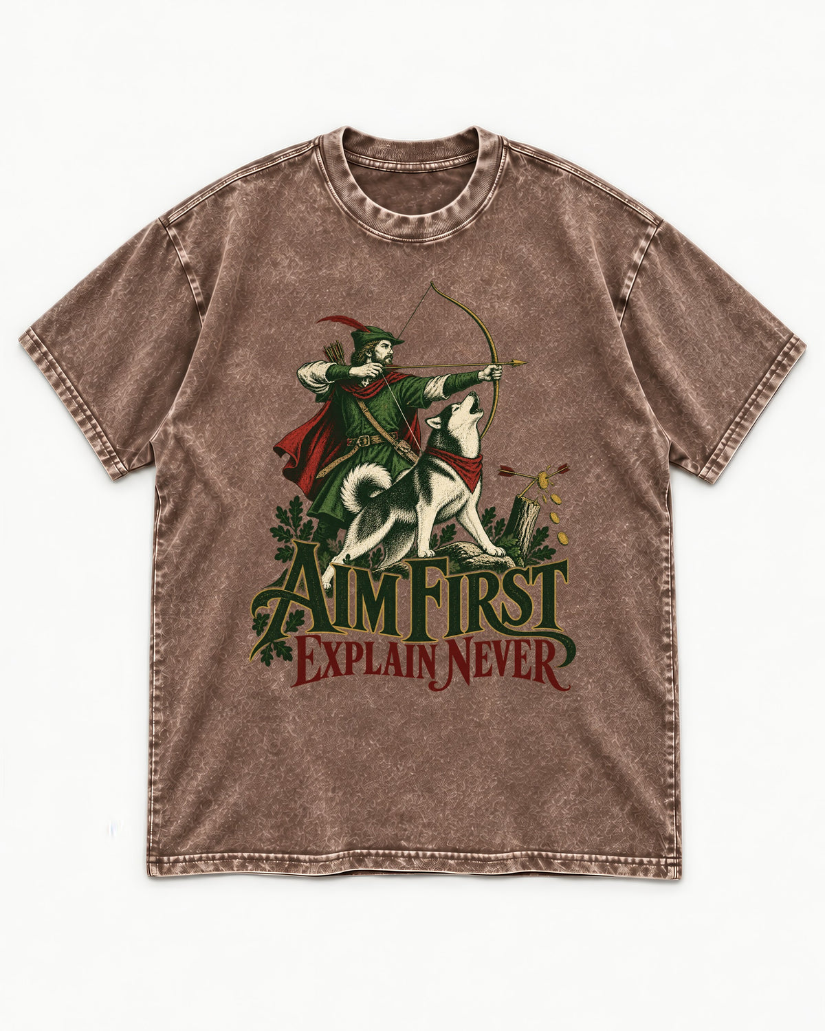 Husky Aim First Explain Never Washed Tee in Coffee, flat lay product photo