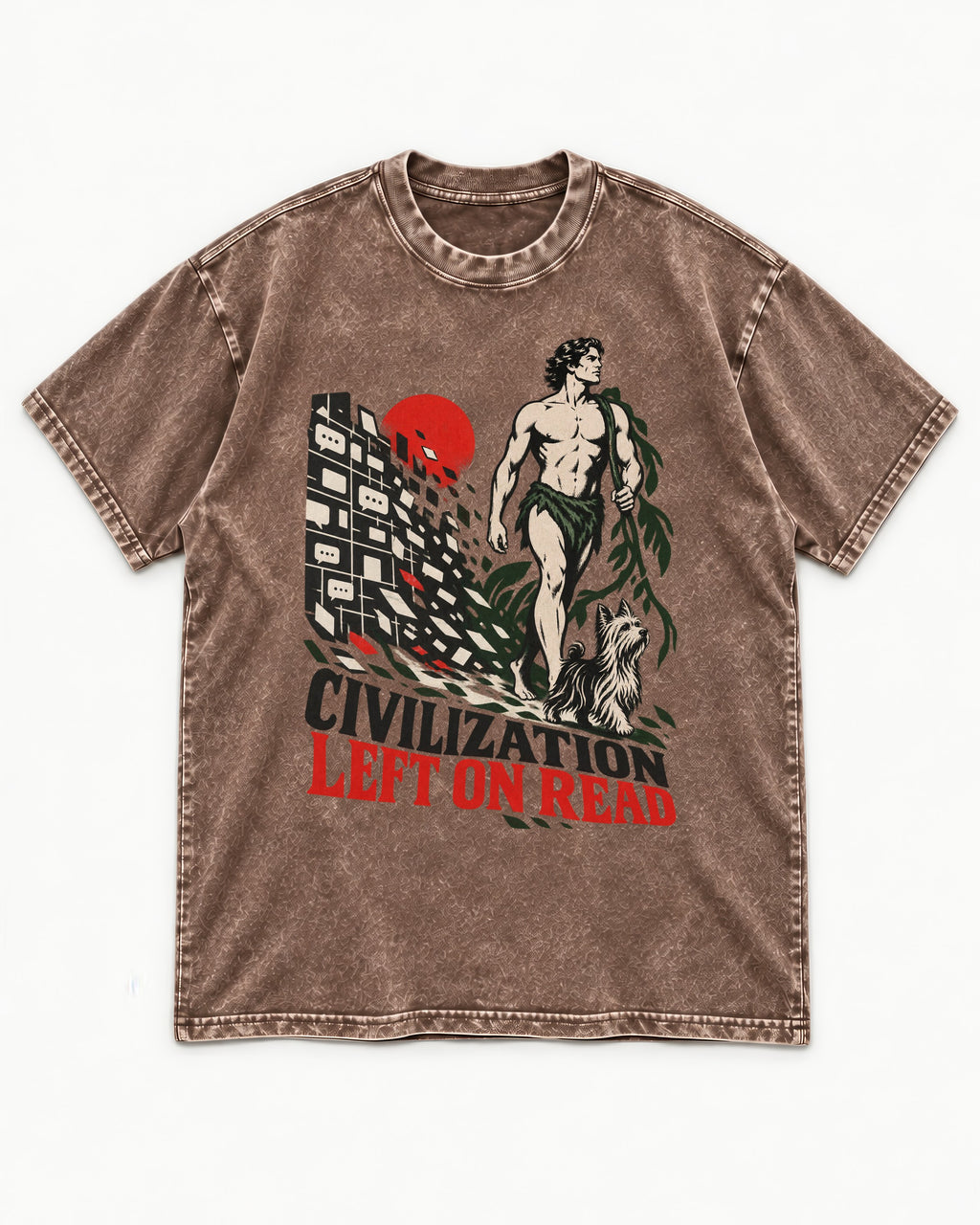 Yorkshire Terrier Left Civilization on Read Washed Tee in Coffee, flat lay product photo