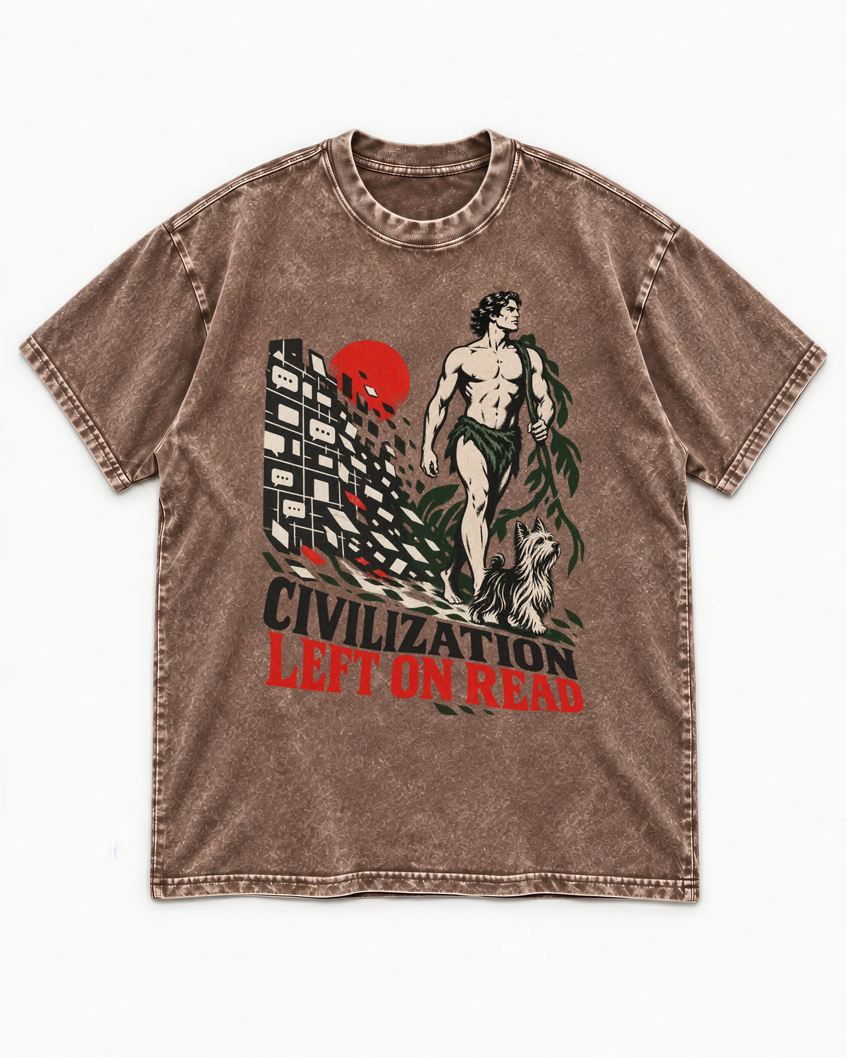 Yorkshire Terrier Left Civilization on Read Washed Tee in Coffee, flat lay product photo