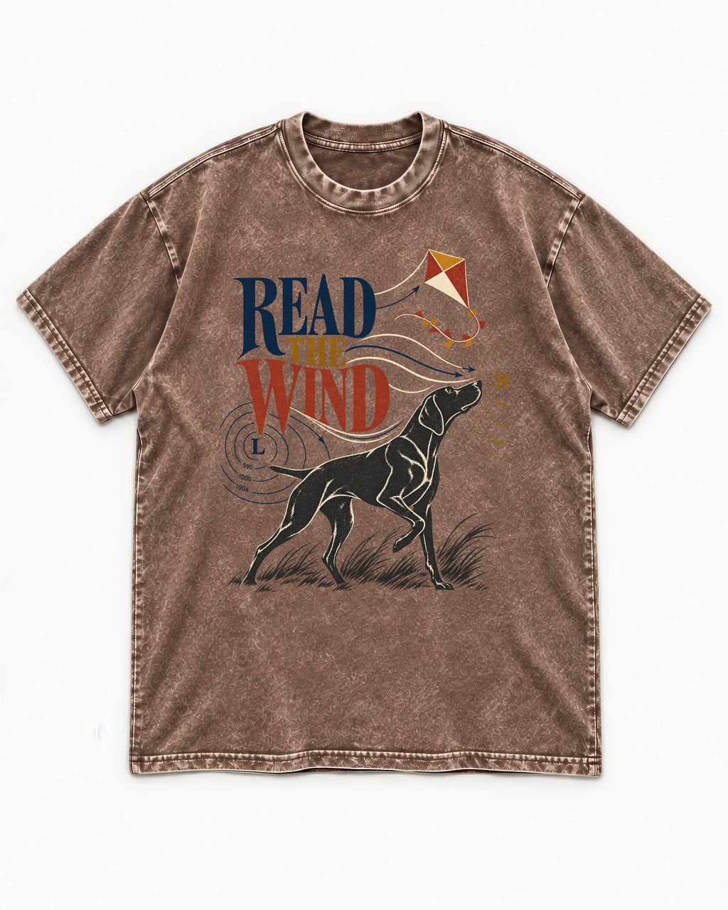 Read the Wind German Shorthaired Pointer Washed Tee in Coffee, flat lay product photo