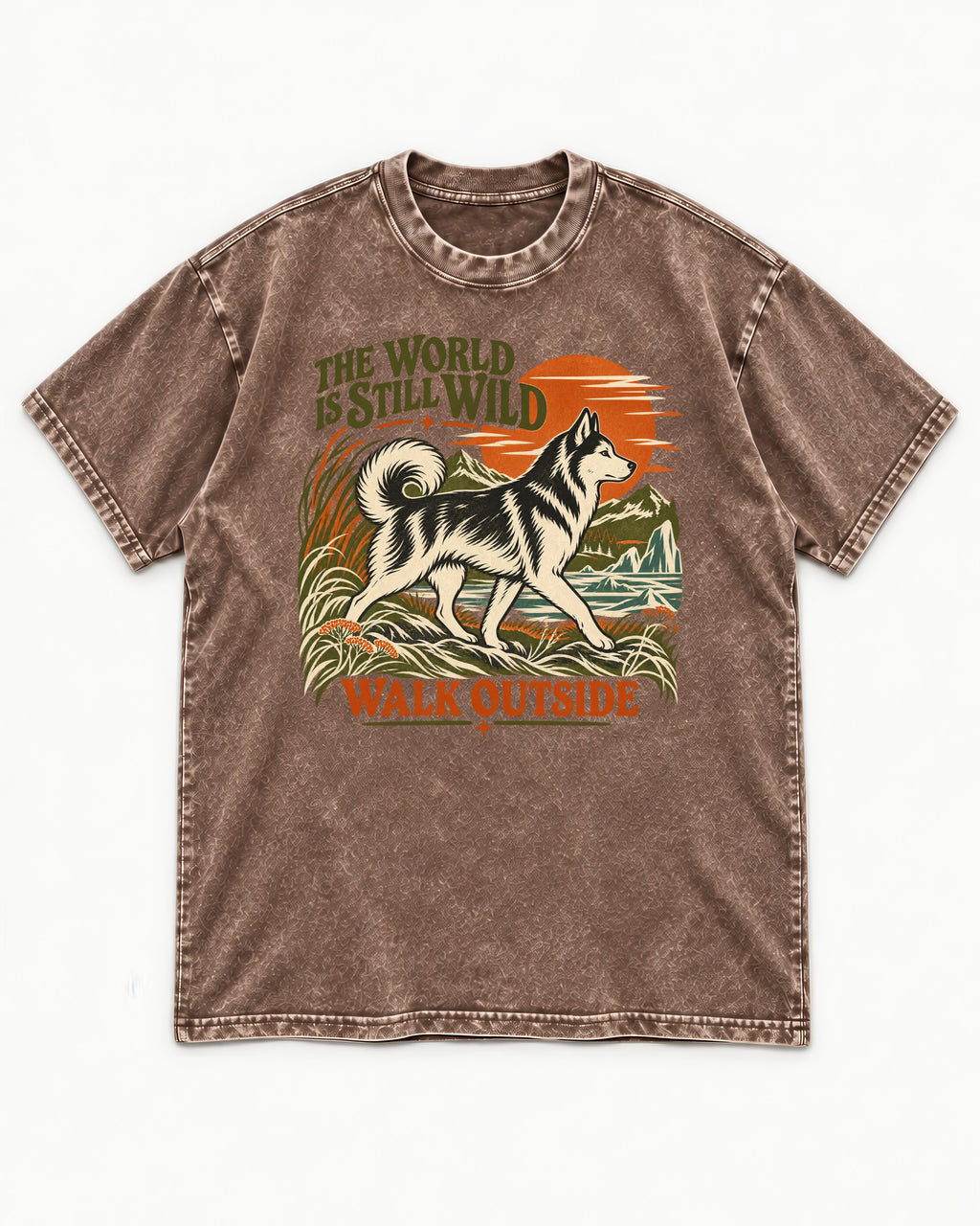 Walk Outside with Husky Washed Tee in Coffee, flat lay product photo