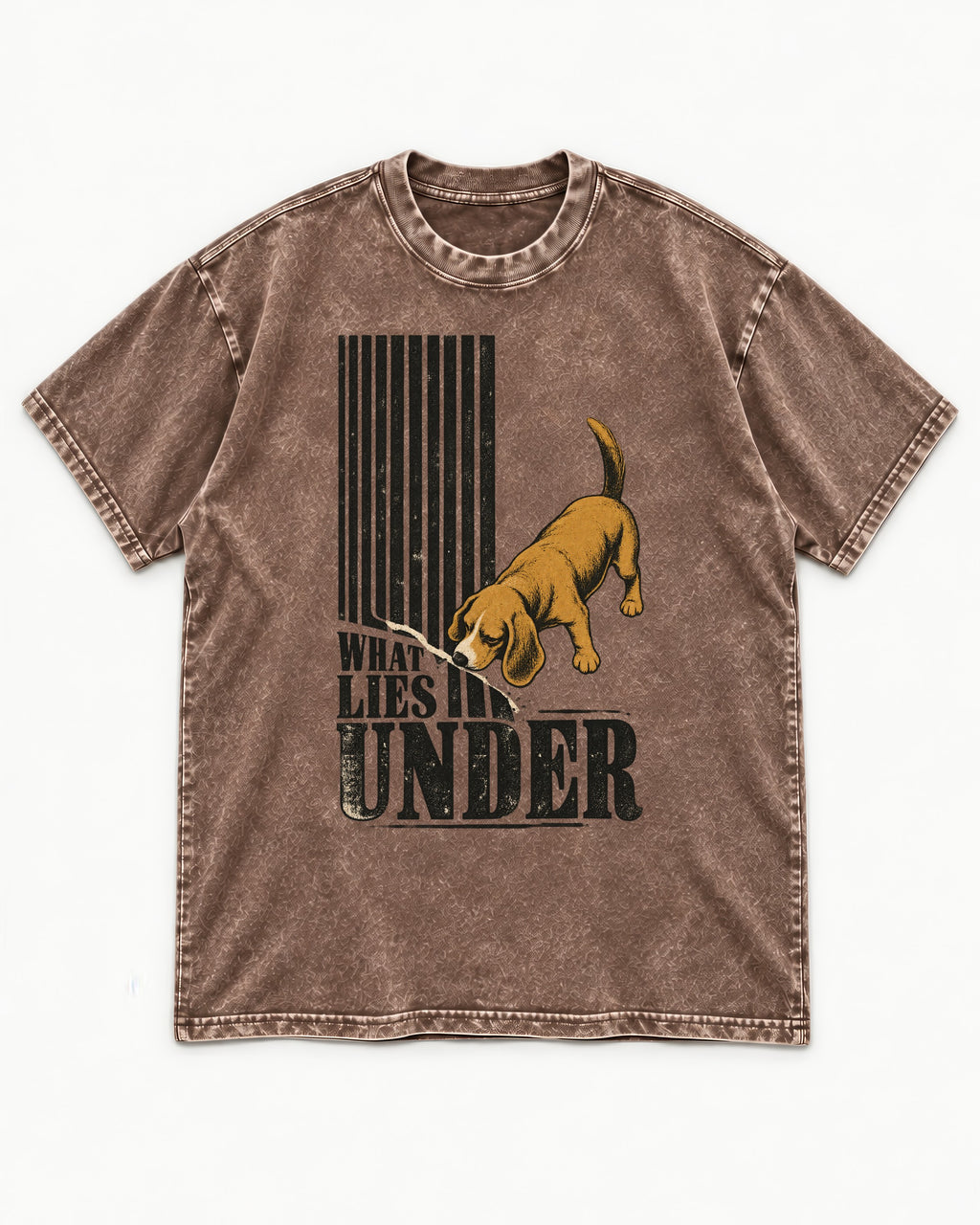 Beagle Knows What Lies Under Washed Tee in Coffee, flat lay product photo