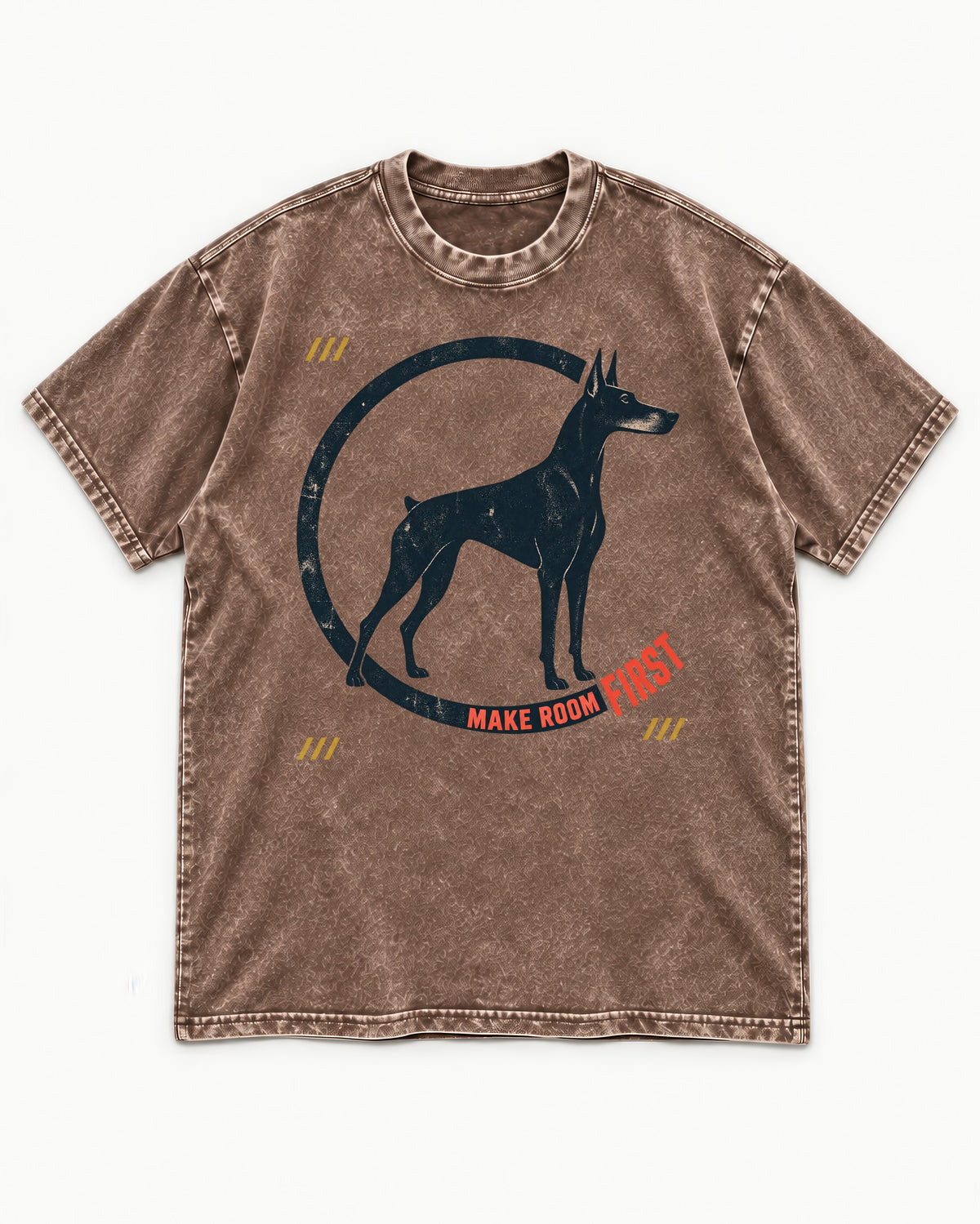 Make Room First Doberman Washed Tee in Coffee, flat lay product photo