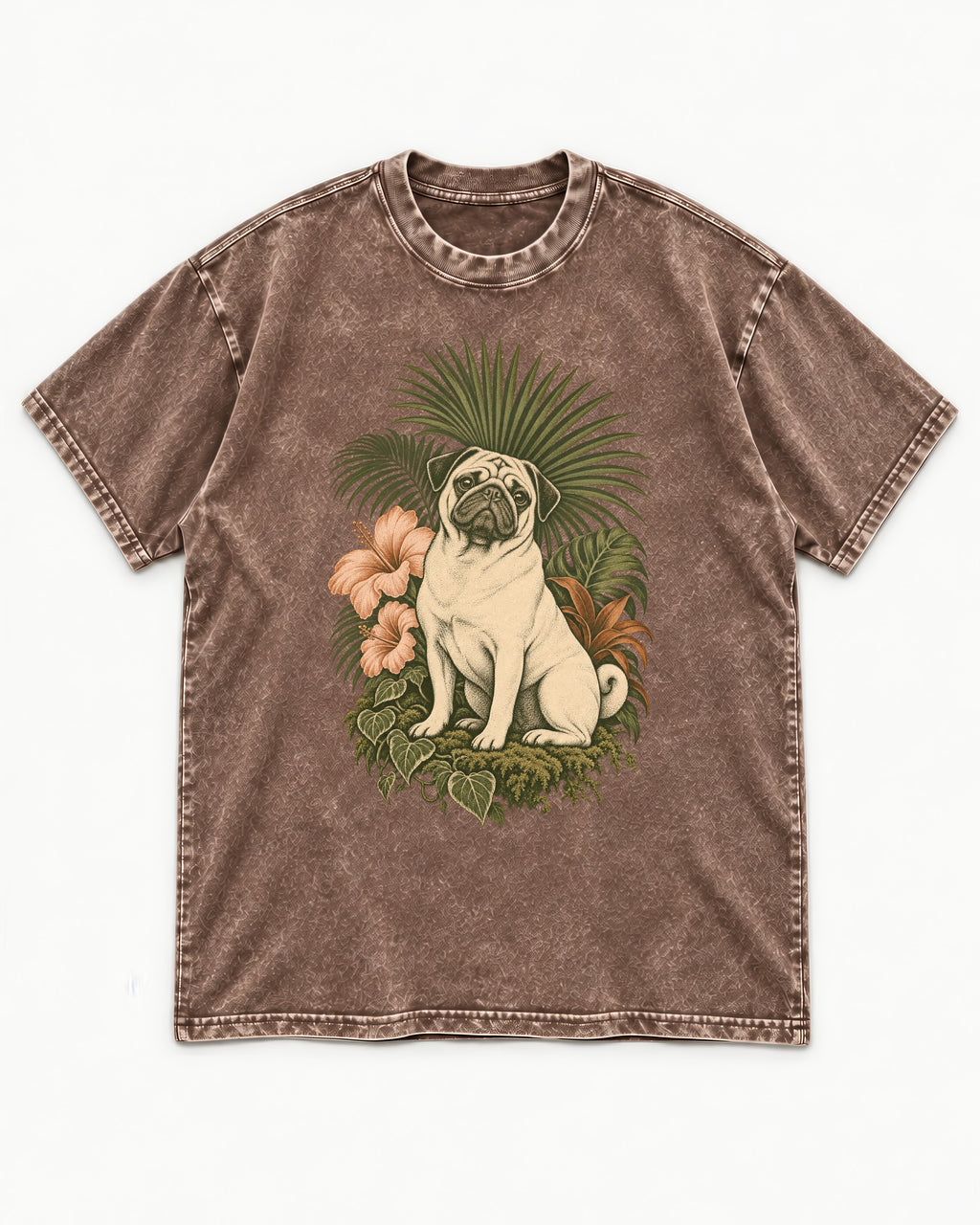 Pug Paradise Washed Tee in Coffee, flat lay product photo