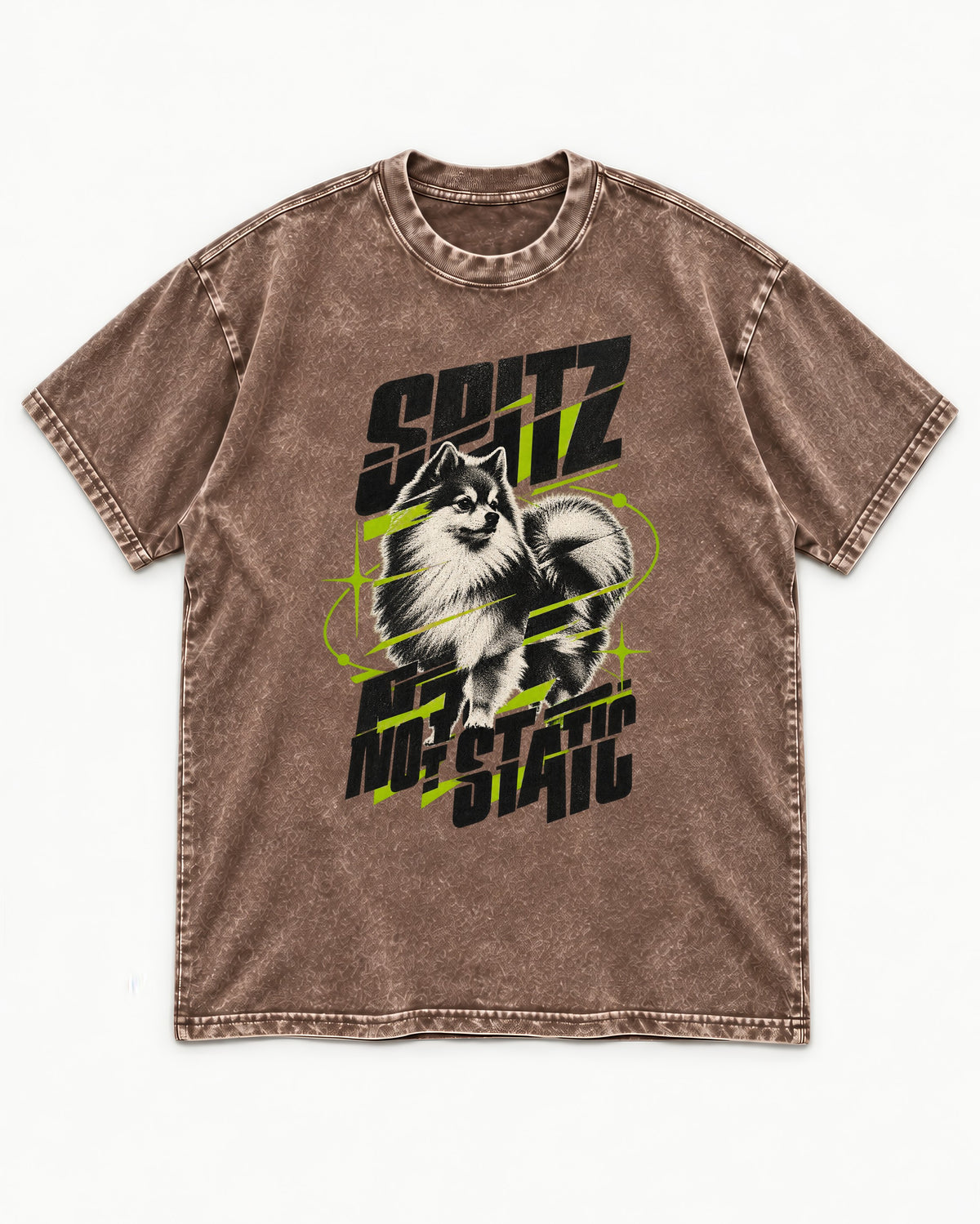 Pomeranian Not Static Washed Tee in Coffee, flat lay product photo